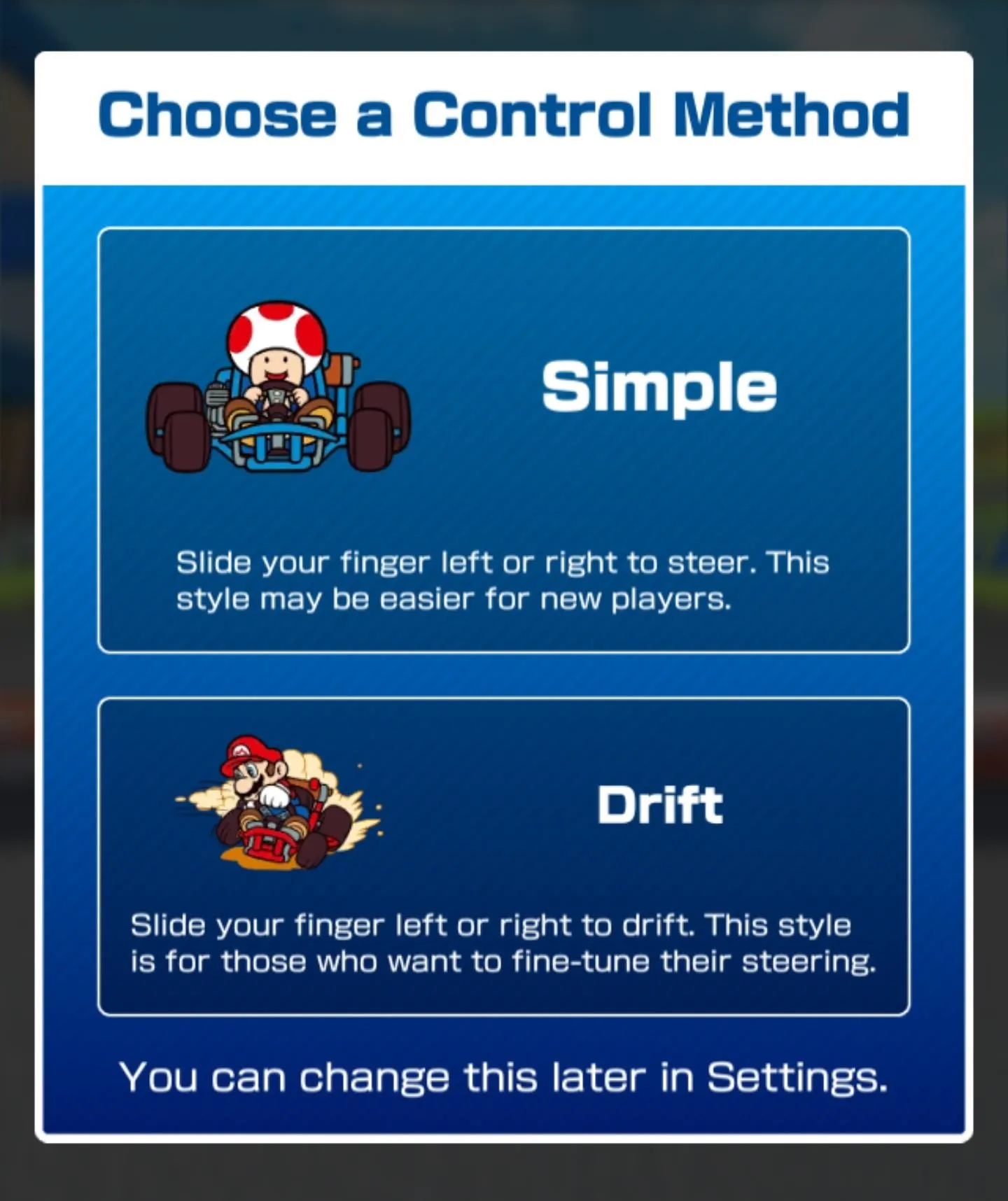 Control method options for a racing game: Simple and Drift.