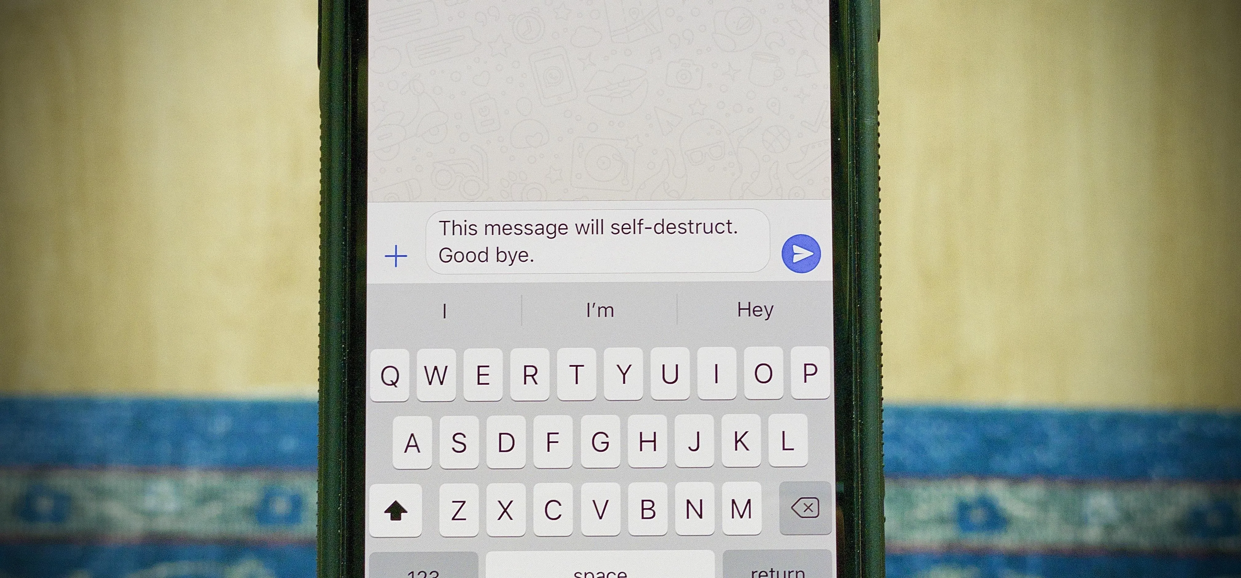 Text message interface displaying a self-destructing message with the text "This message will self-destruct. Goodbye."