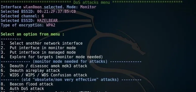 Network attack options menu displaying various attack types and commands.