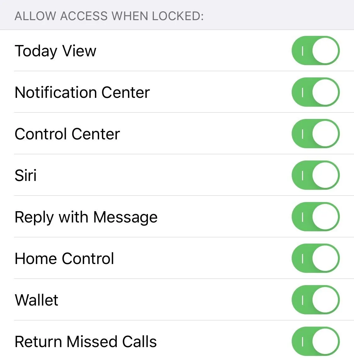 Settings menu for allowing access when locked on a mobile device.