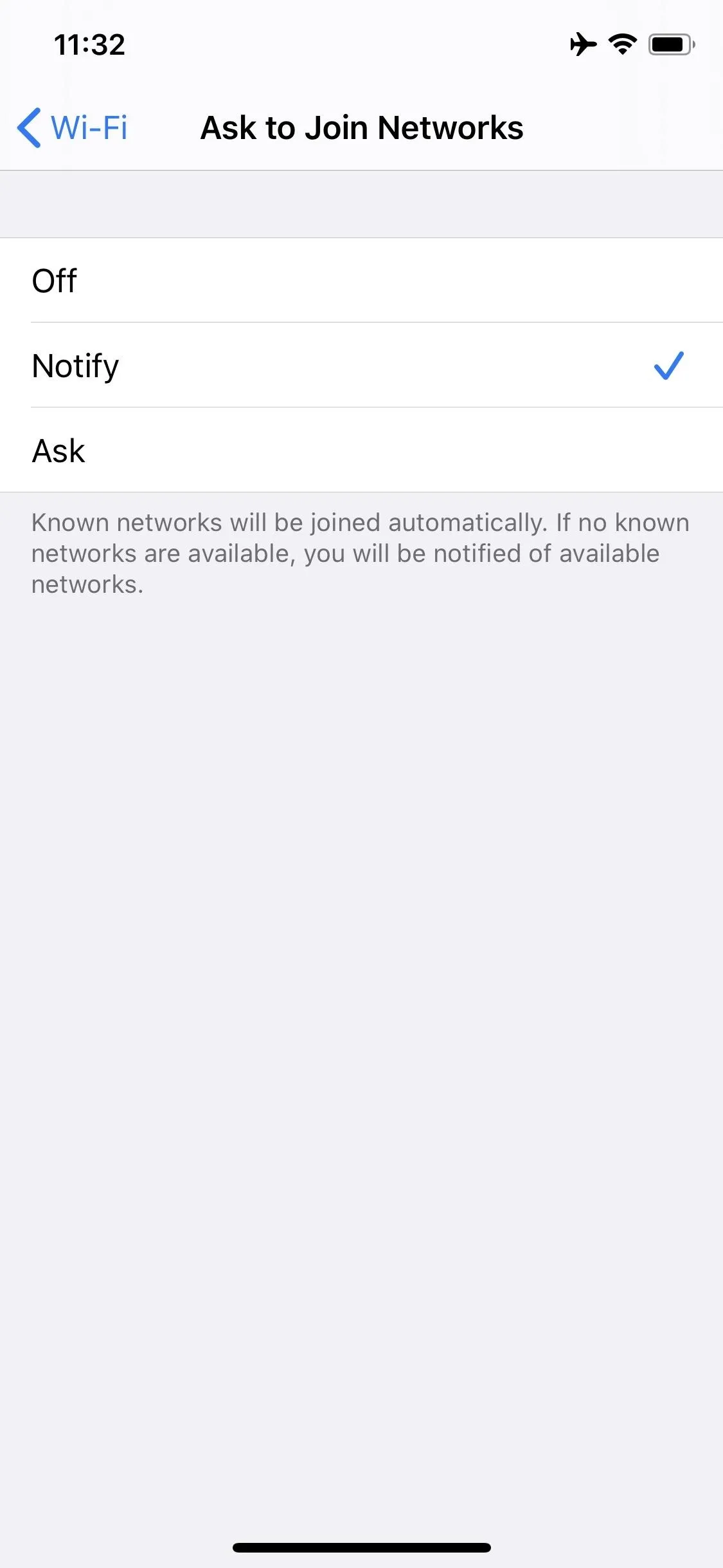 Settings menu for network options on a smartphone.