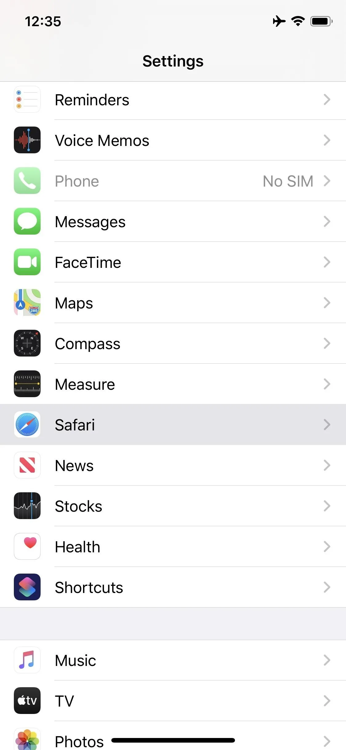 Mobile settings menu on a phone displaying various application options.