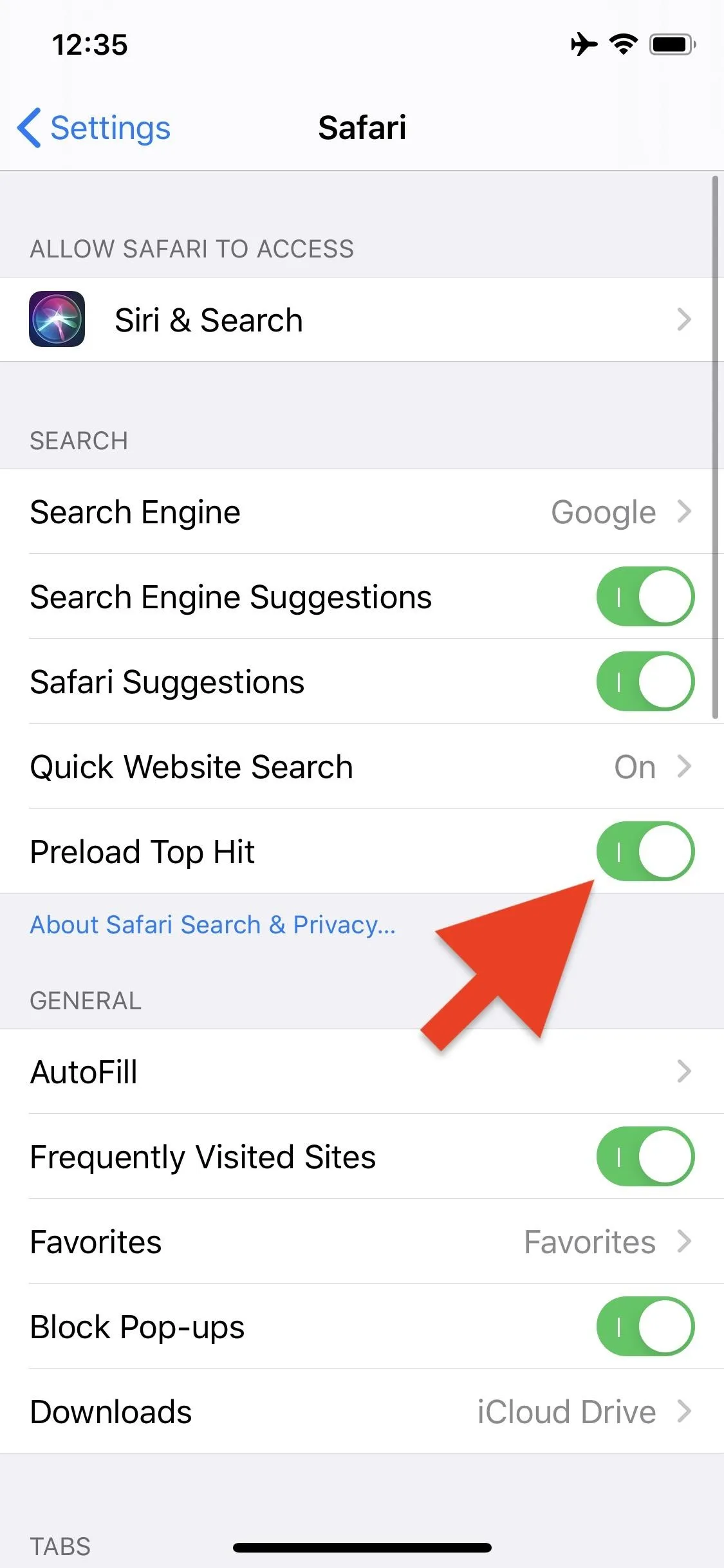 Settings menu on a mobile device with options for search engine and autocomplete features highlighted.