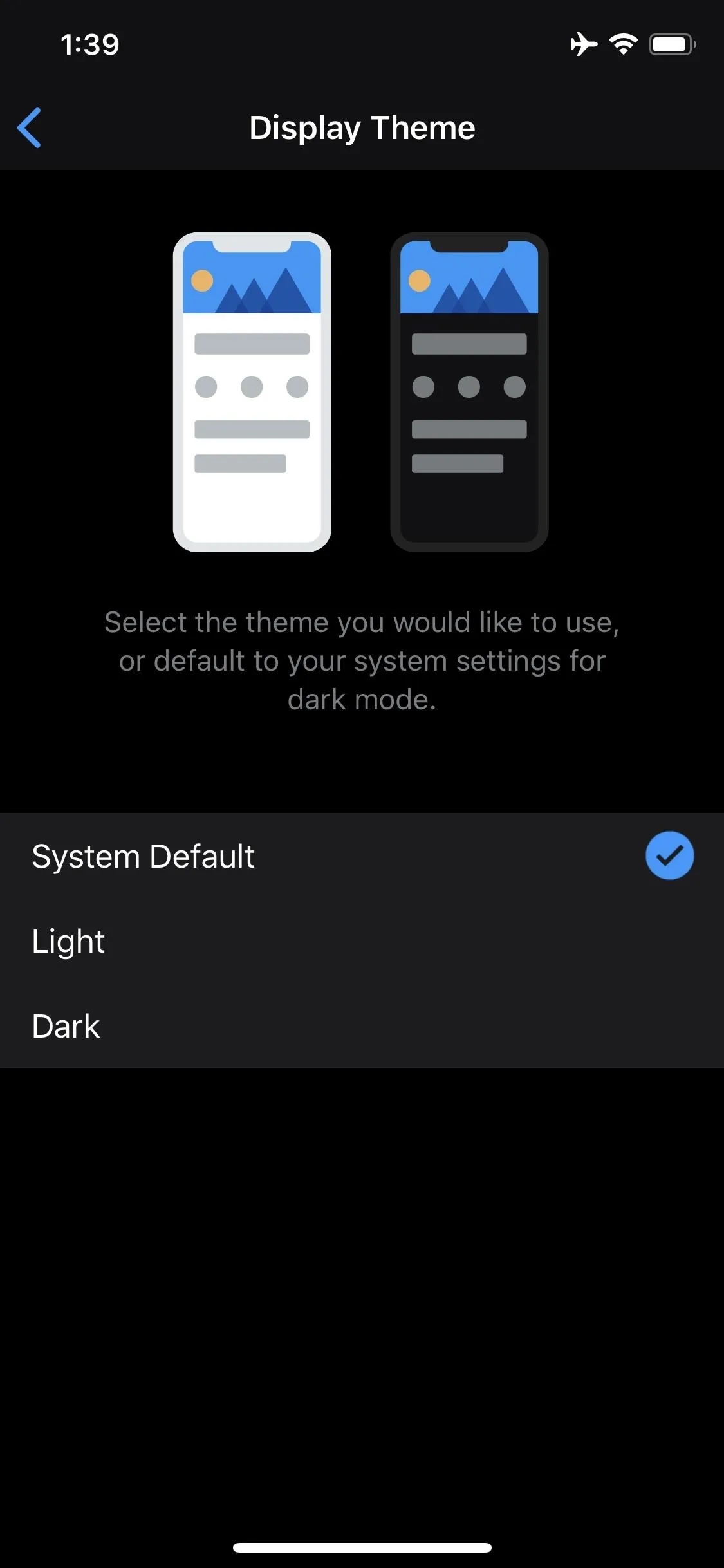 Light and dark theme options in a mobile app settings menu.