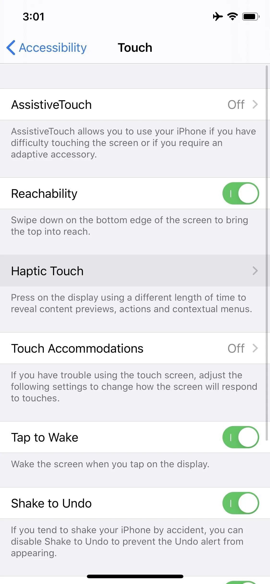 Accessibility options menu on a smartphone display.