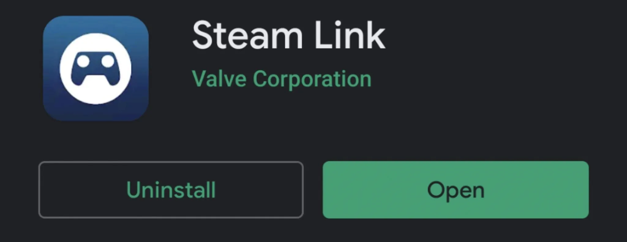 Steam Link application interface with options to uninstall or open the app.