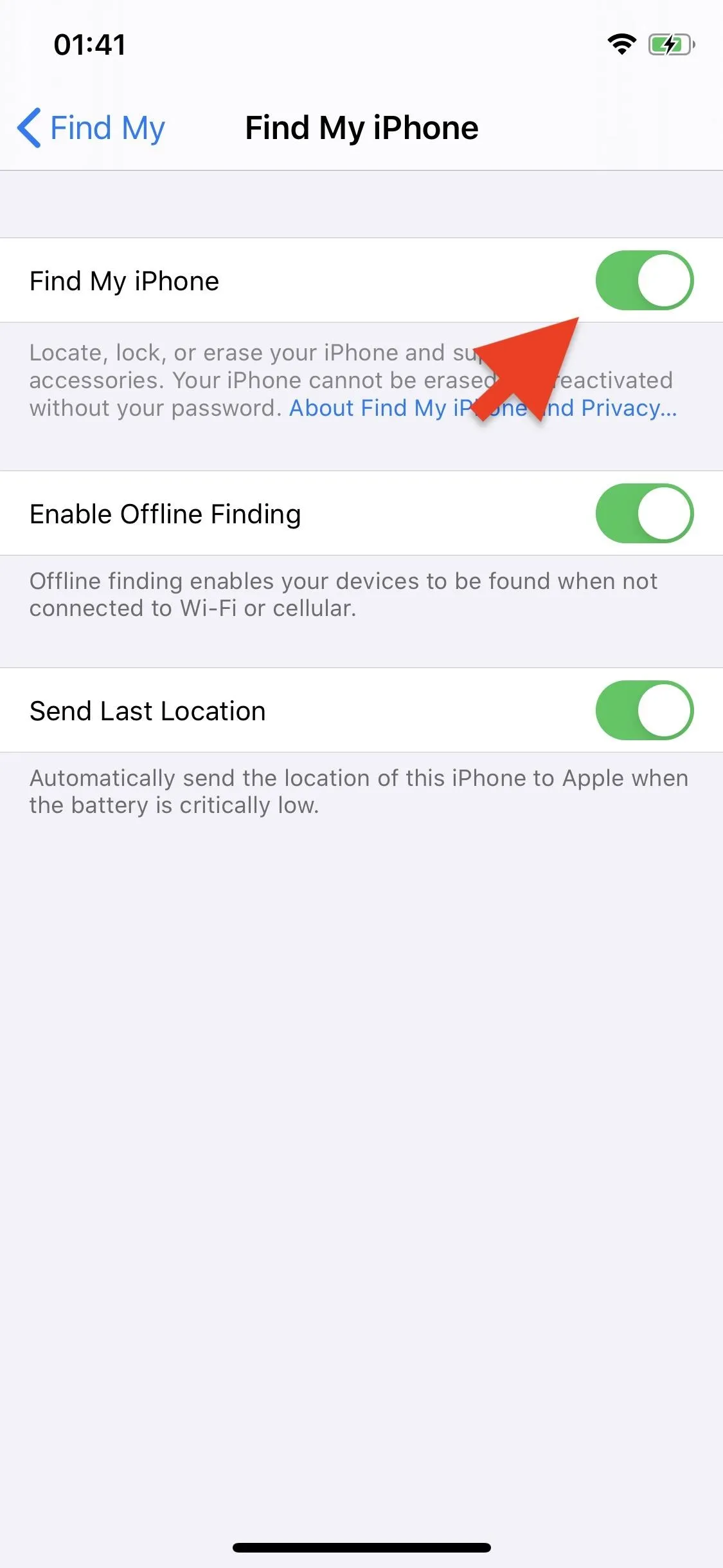 iPhone settings screen showing the "Find My iPhone" feature with toggle options.