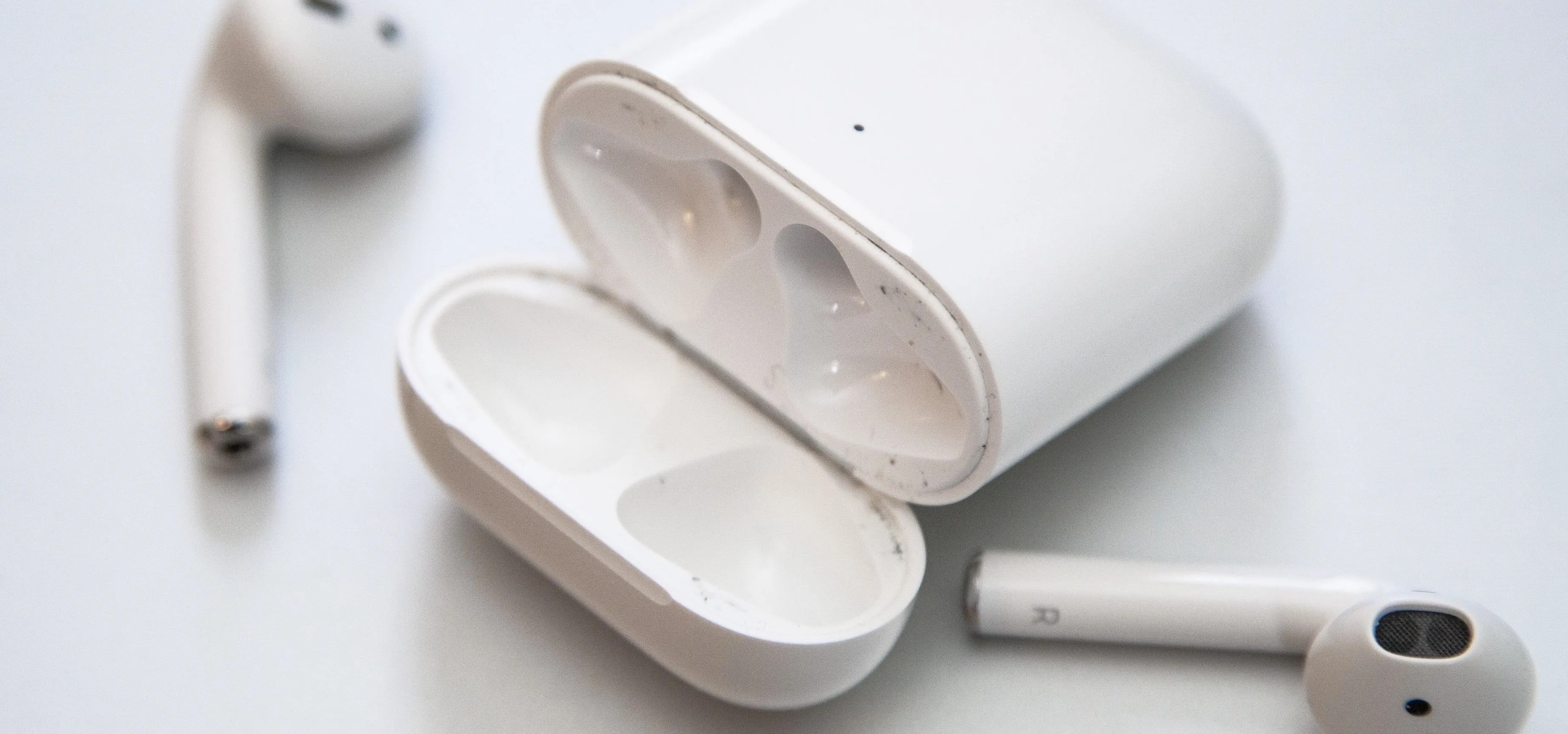 Wireless earbuds in a charging case.