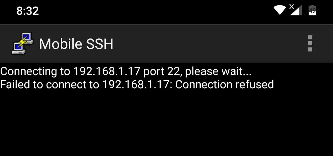 SSH connection attempt failed on mobile device.
