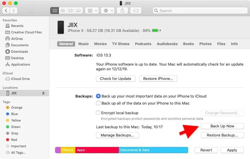 iPhone backup settings on a Mac computer screen.