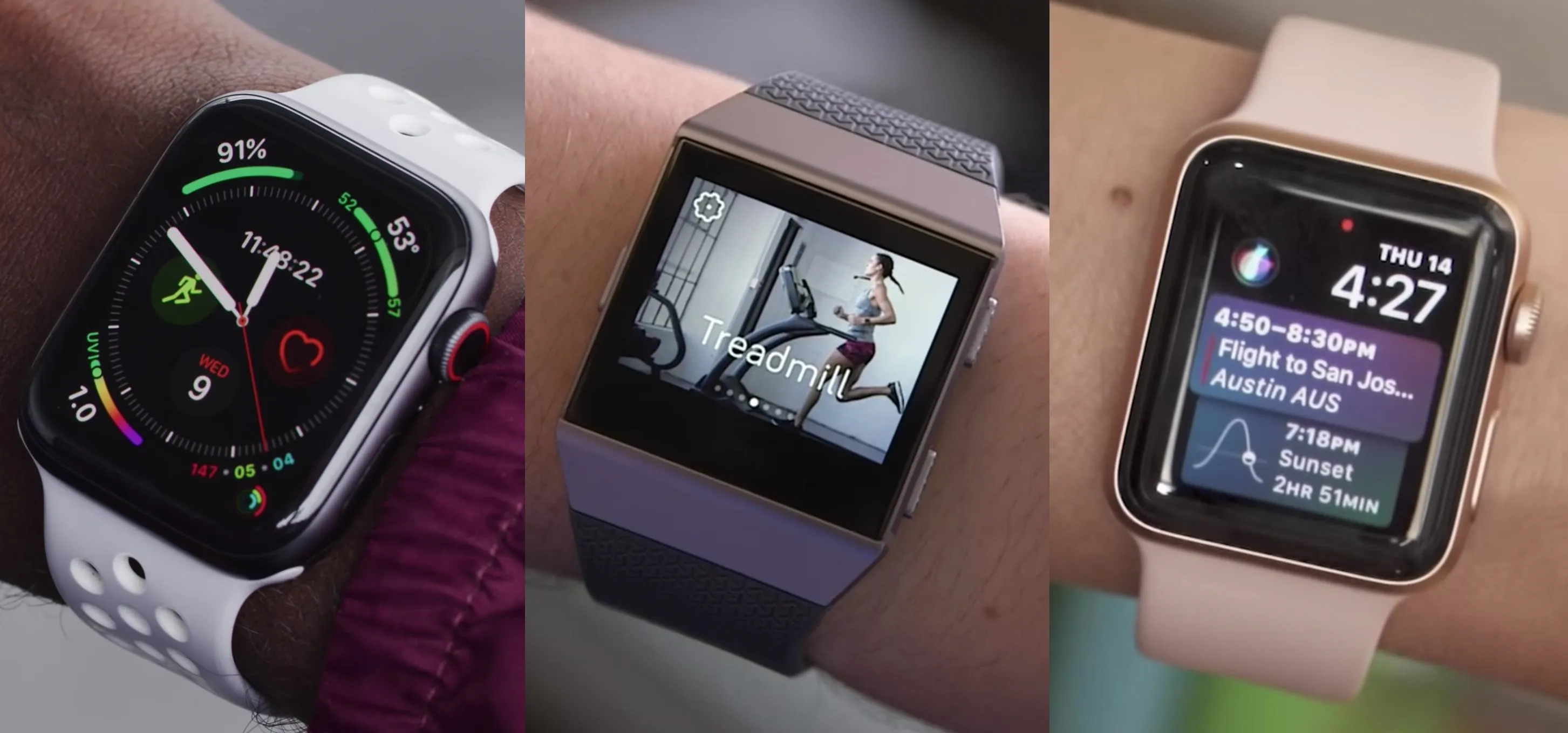 Smartwatch in a sleek white box on a wooden surface.