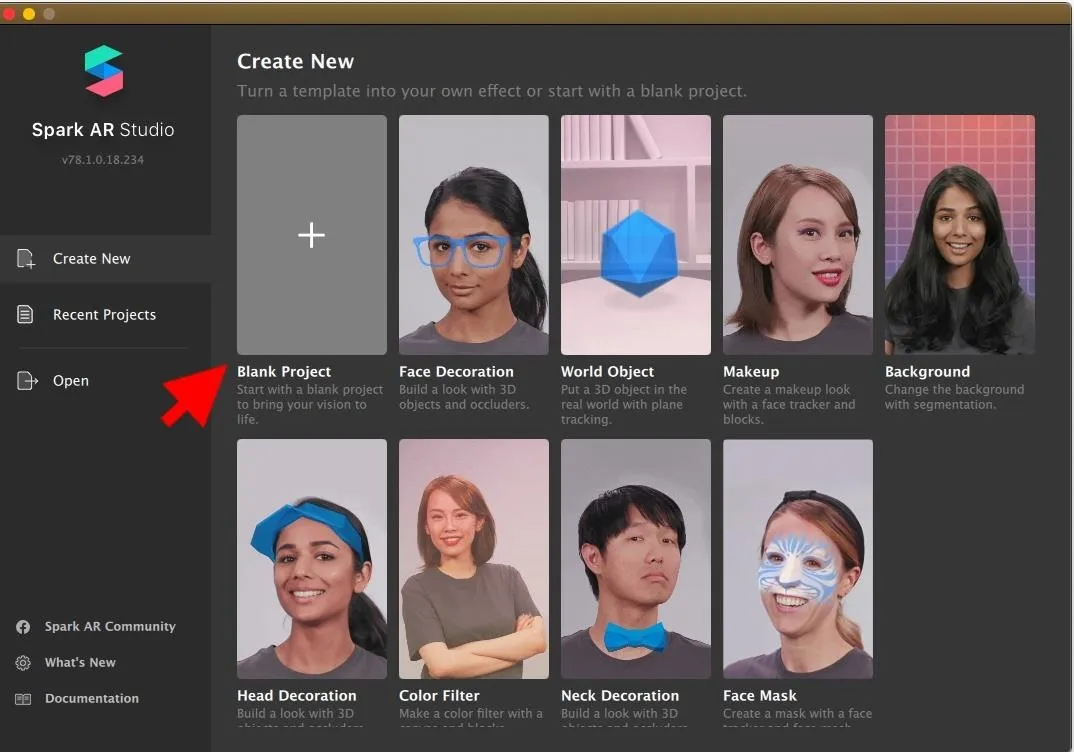 Interface of Spark AR Studio with various project options displayed.