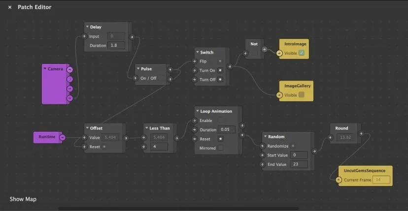 Patch editor diagram illustrating a flow of nodes and connections in a visual programming environment.