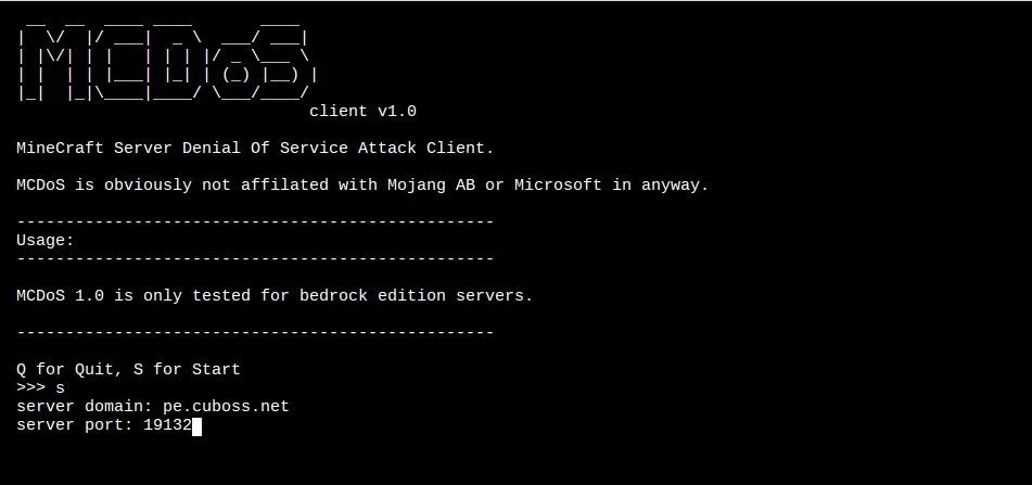 Text-based interface capture for a DDoS attack tool display with server details and instructions.