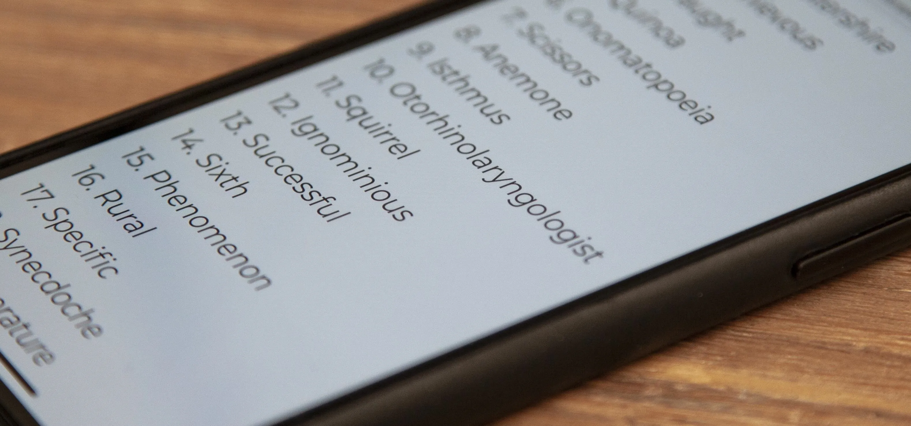 List of terms displayed on a smartphone screen.