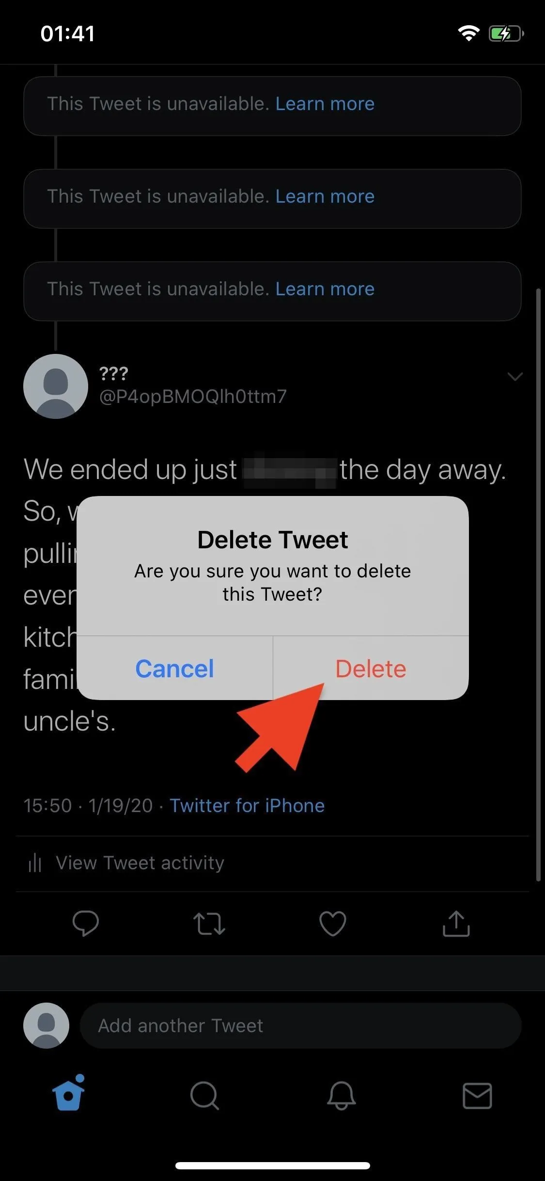 Confirmation dialog box for deleting a tweet on Twitter.