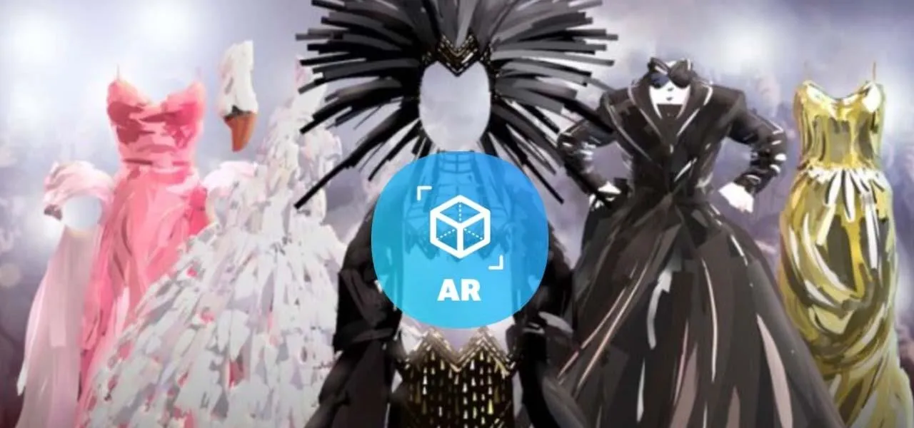 Fashion showcase featuring various creatively designed dresses and a model in an augmented reality display.