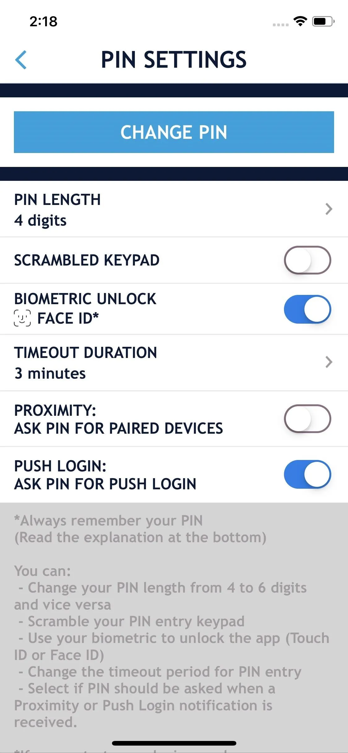 PIN settings menu on a mobile application.