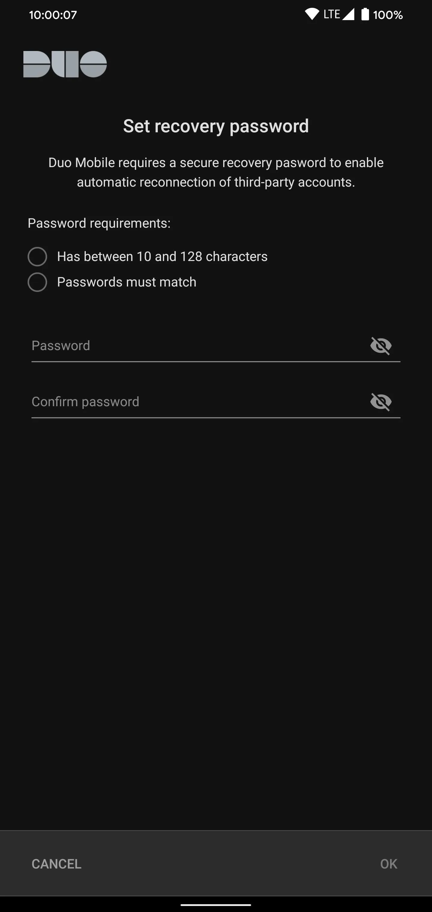 Password entry screen for device security.