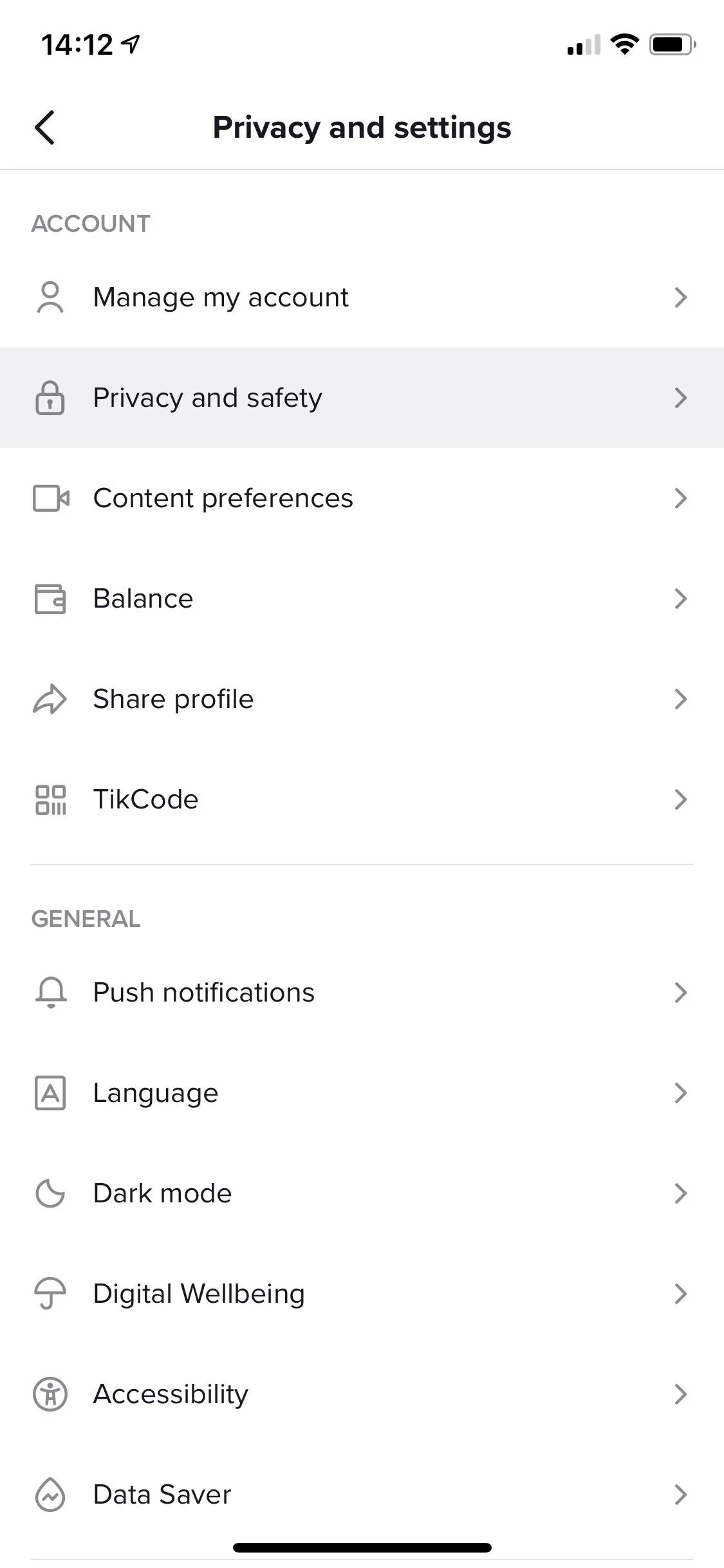 Privacy and settings menu options on a mobile device.