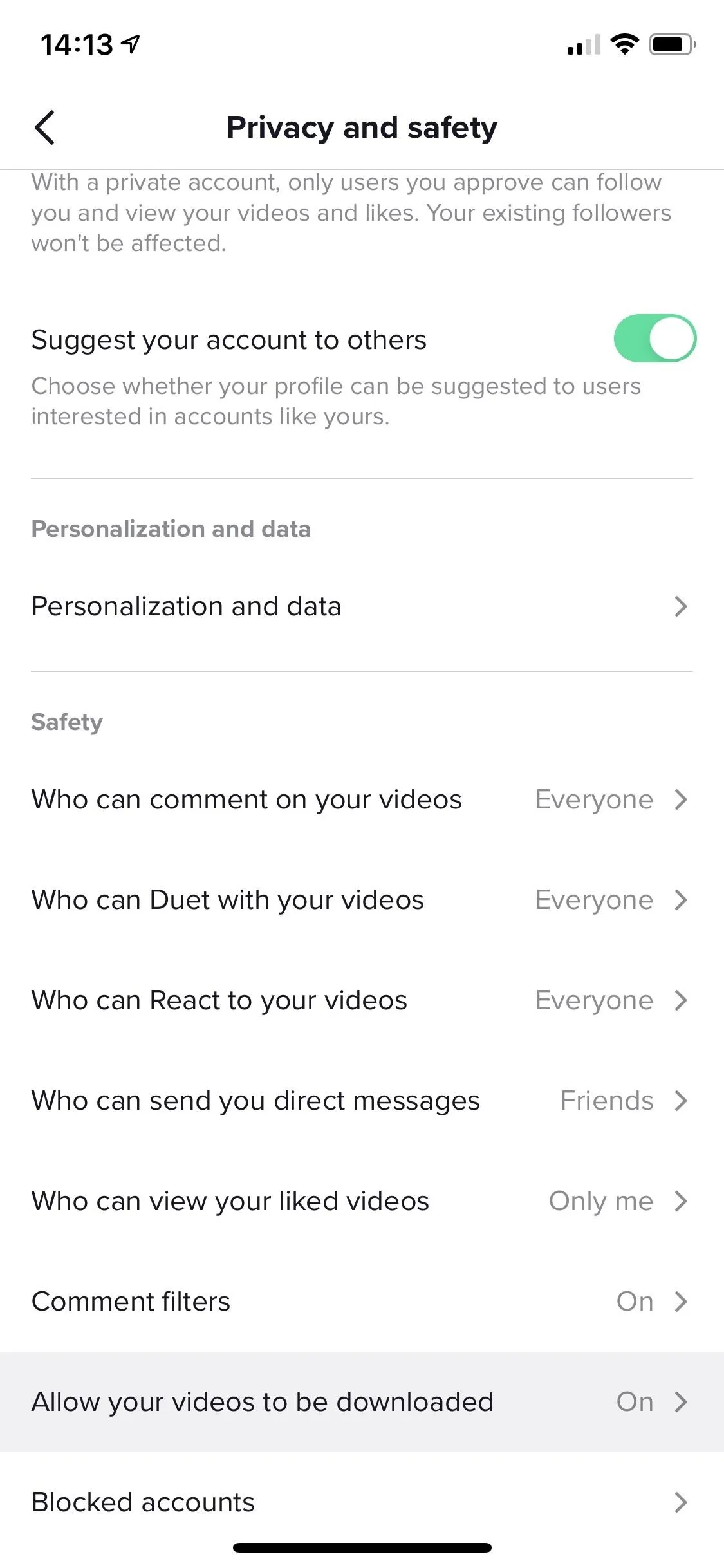 Privacy and settings menu on a mobile device