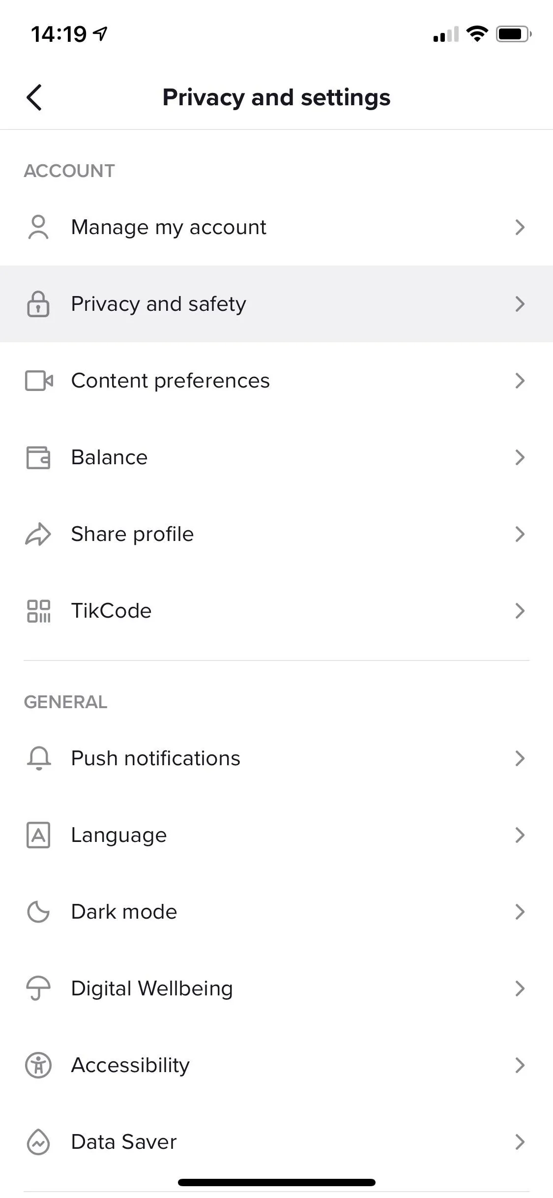 Privacy and settings menu on a mobile device.