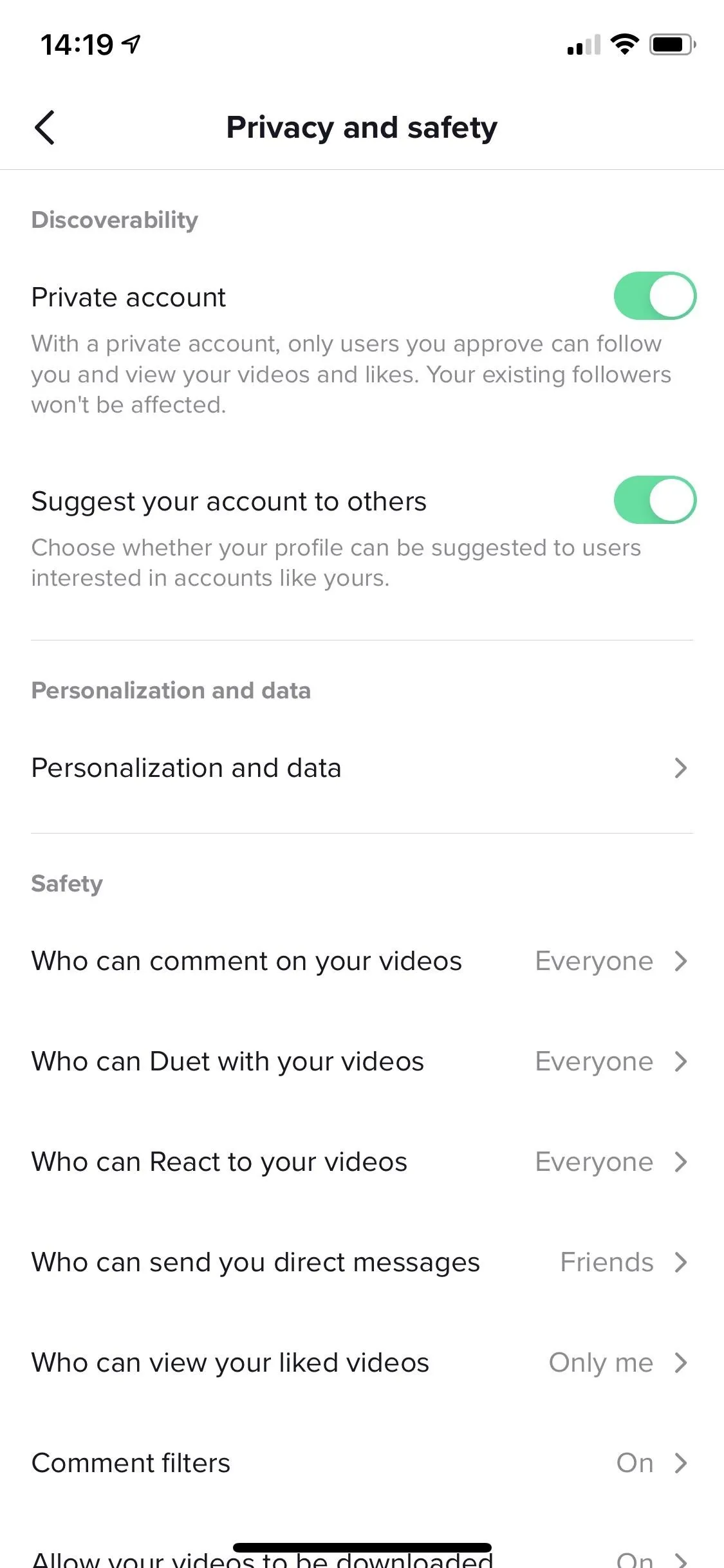 Privacy and safety settings on a mobile device.