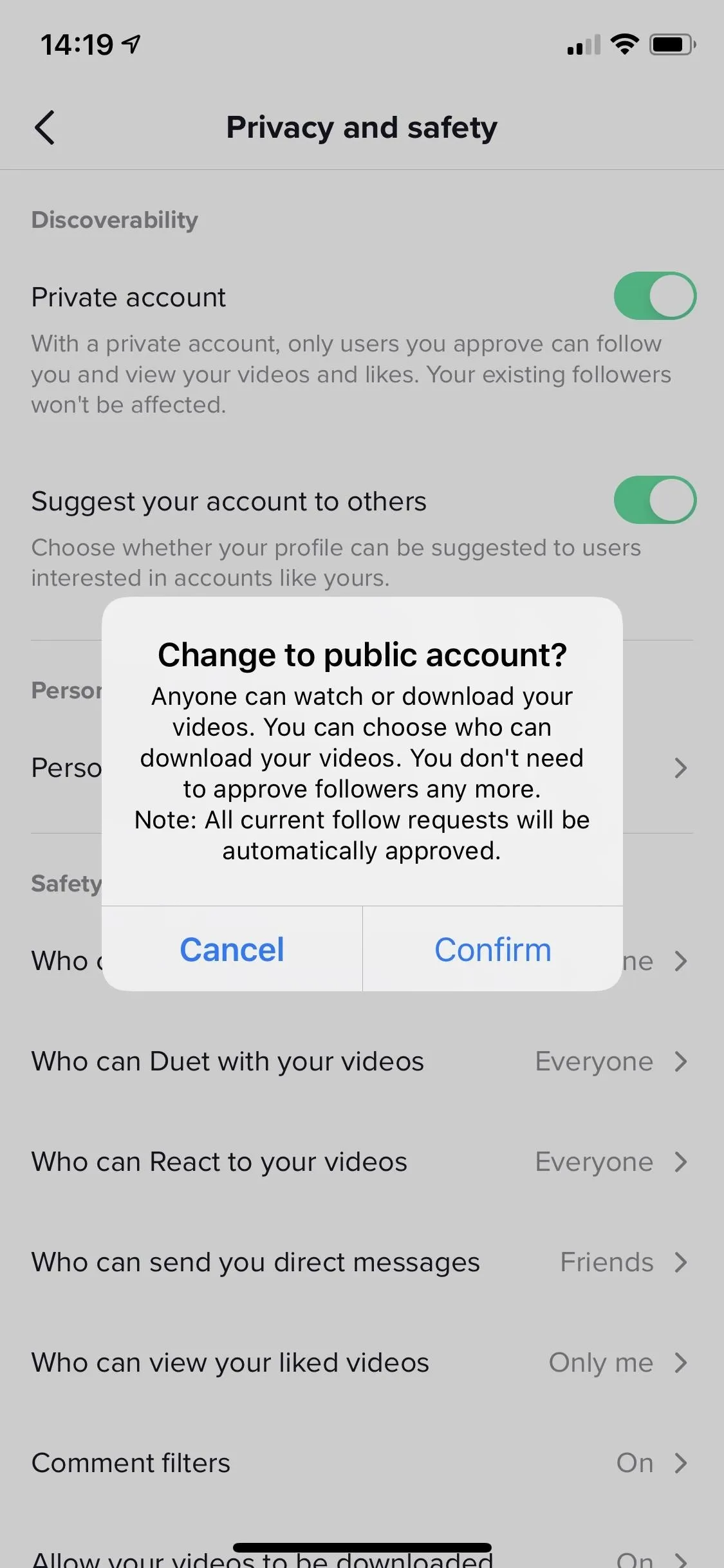 Privacy and safety settings on a mobile device screen.