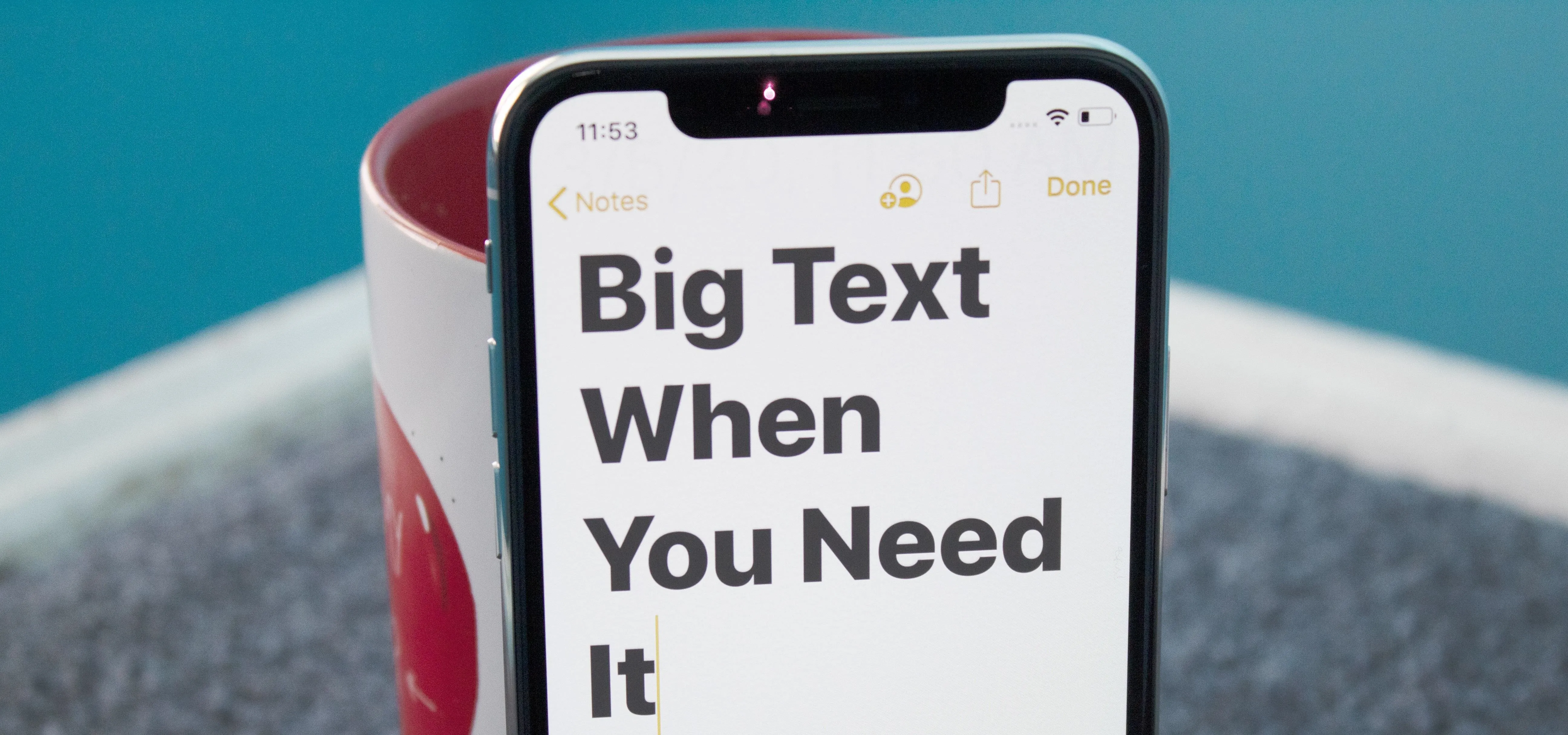 "Phone screen displaying large text that reads 'Big Text When You Need It'"