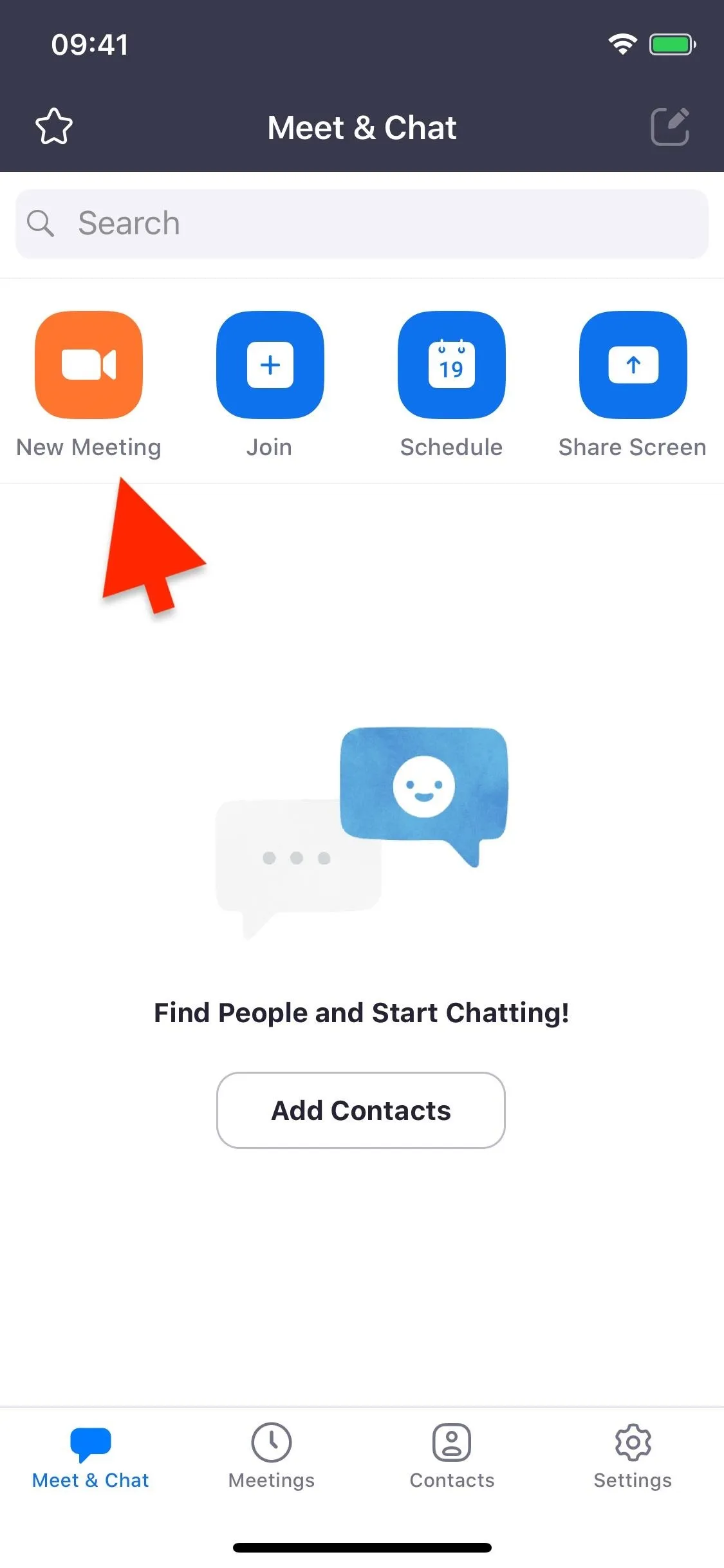 Screenshot of a mobile app interface showing chat options with an arrow pointing to the "New Message" icon.