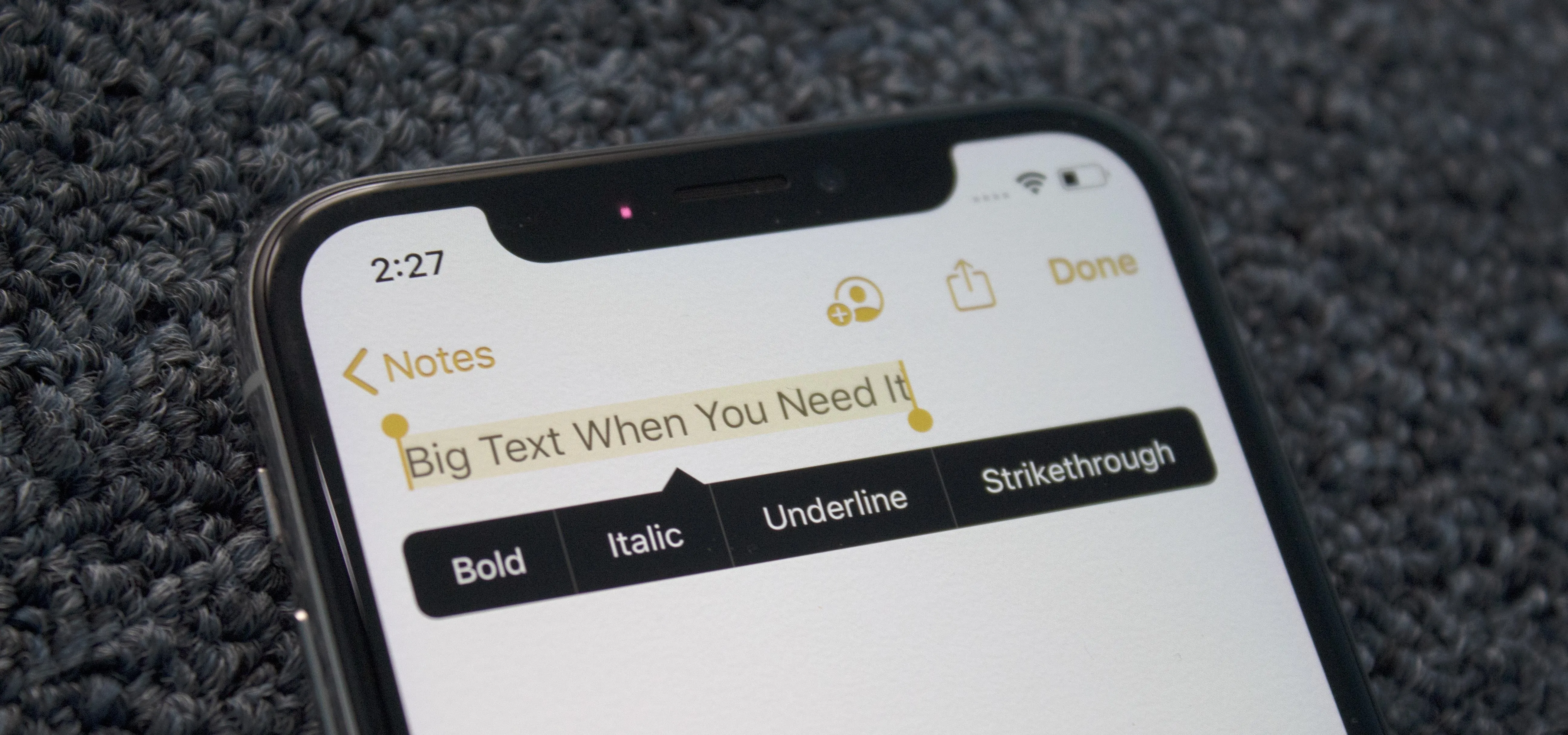 Text formatting options on a smartphone notes app.