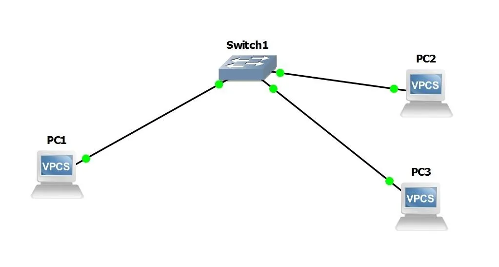 Network diagram showing a switch connected to multiple PCs and virtual machines.