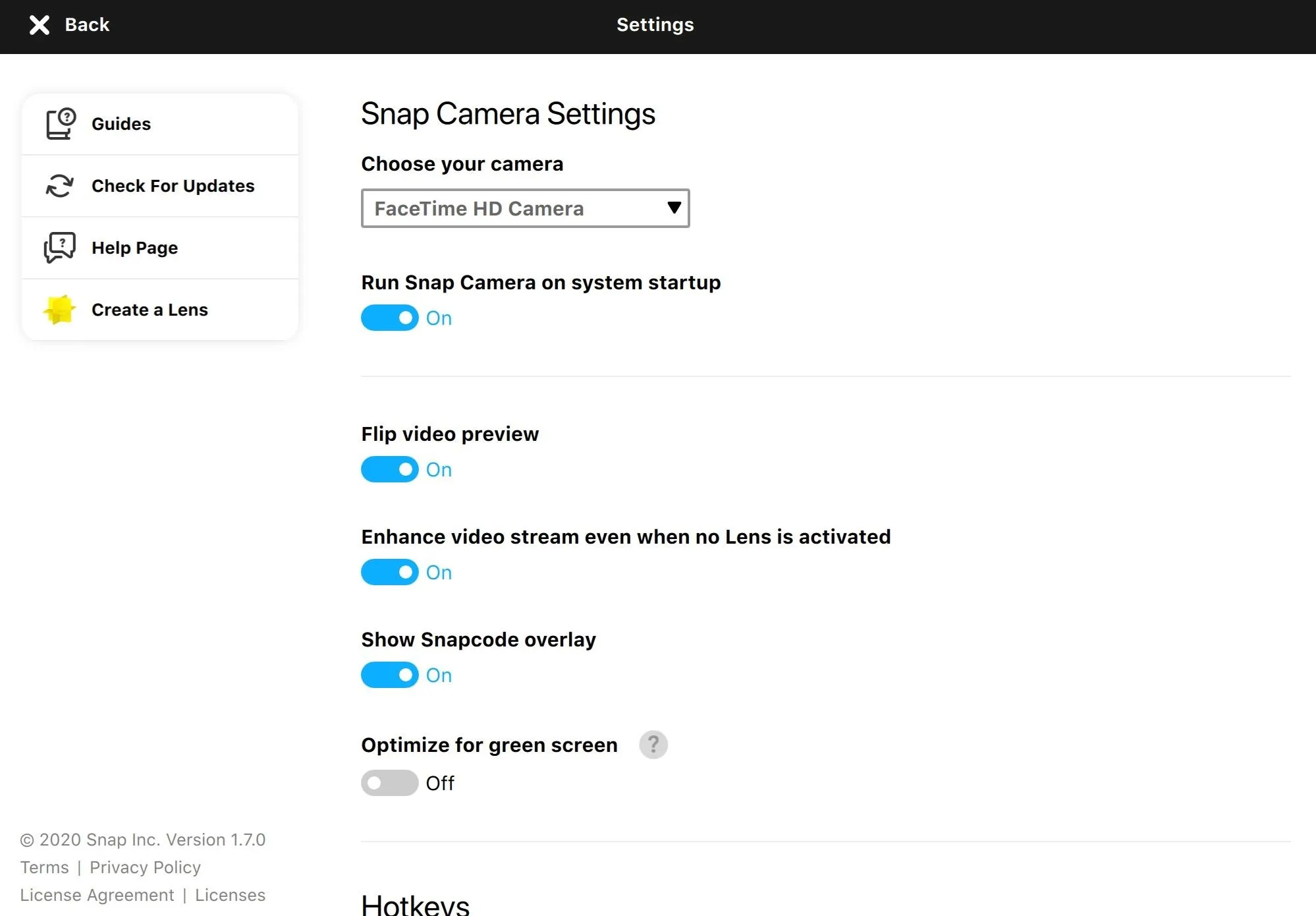 Snap Camera settings interface with options for camera selection and video preferences.