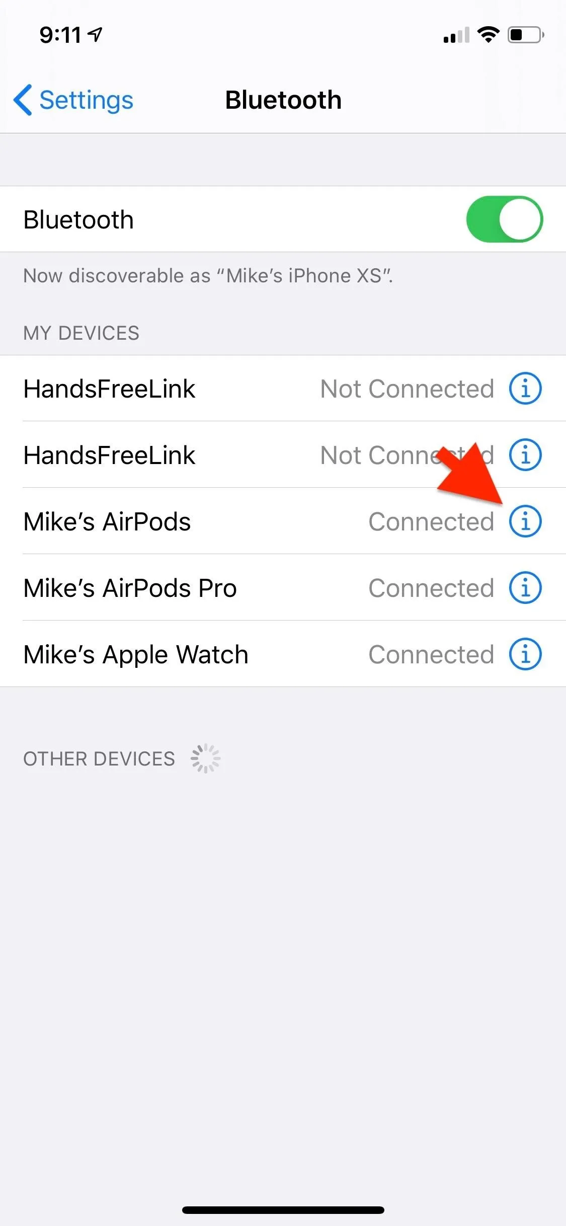 Bluetooth settings screen showing devices and connection status.