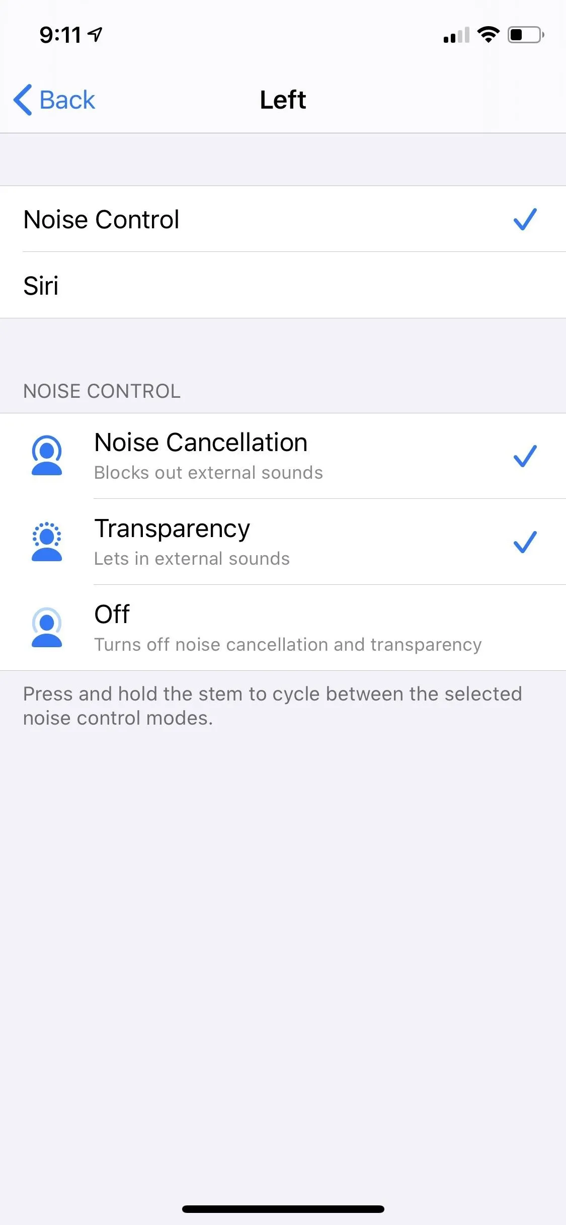 Settings menu for noise control options, including Noise Cancellation, Transparency, and Off.