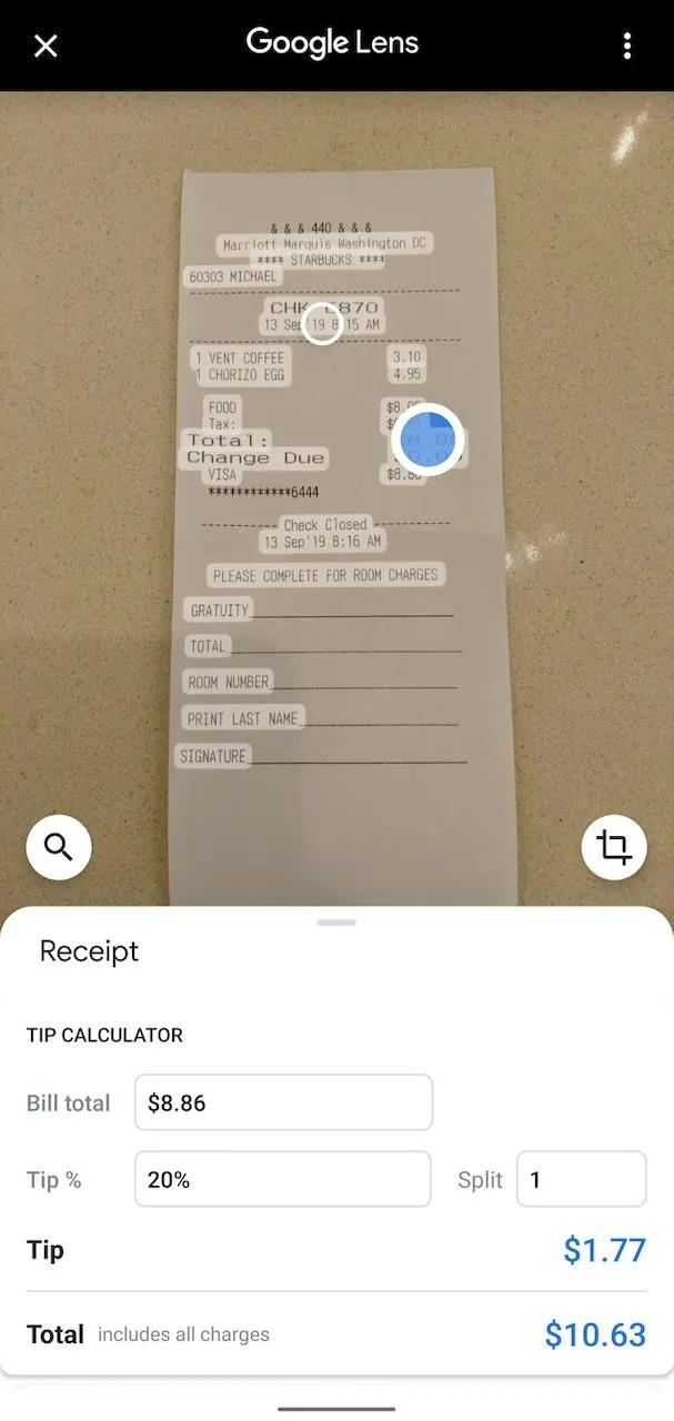 Receipt showing transaction details including total amount and tip calculation.