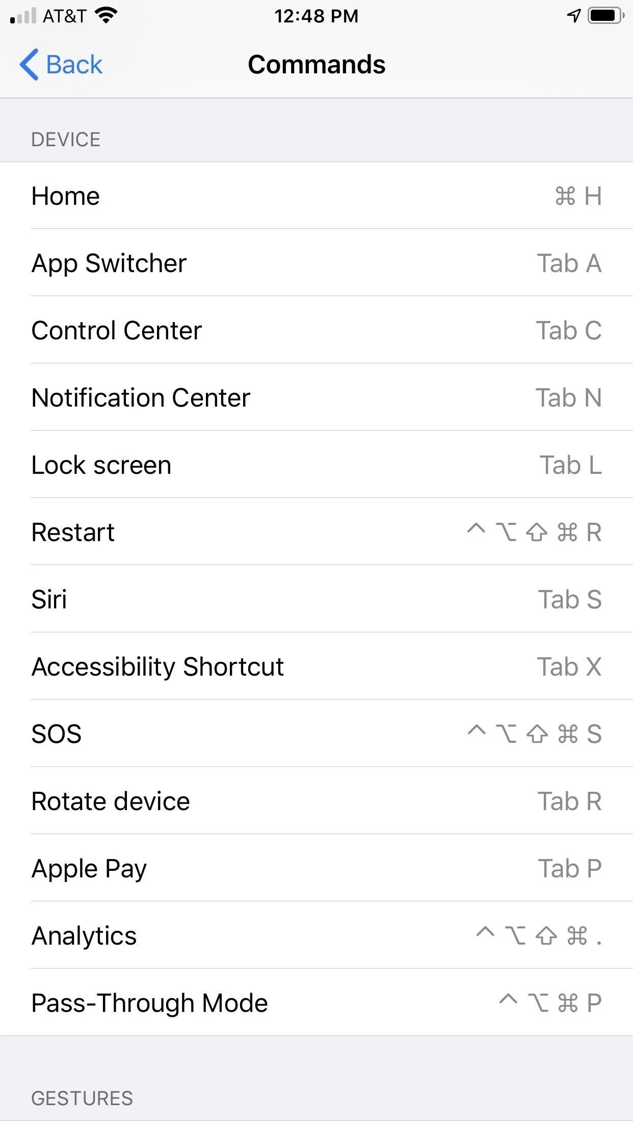 Screenshot of a mobile device settings menu showing various options such as Home, App Switcher, Control Center, Notification Center, and Accessibility Shortcut.