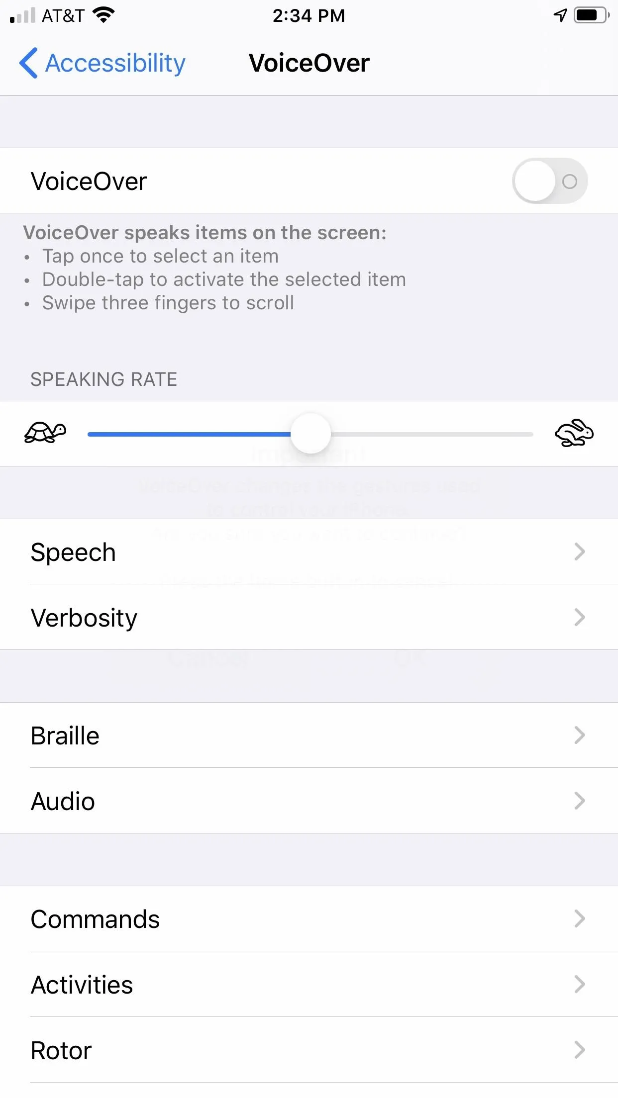 Accessibility settings menu on a mobile device.