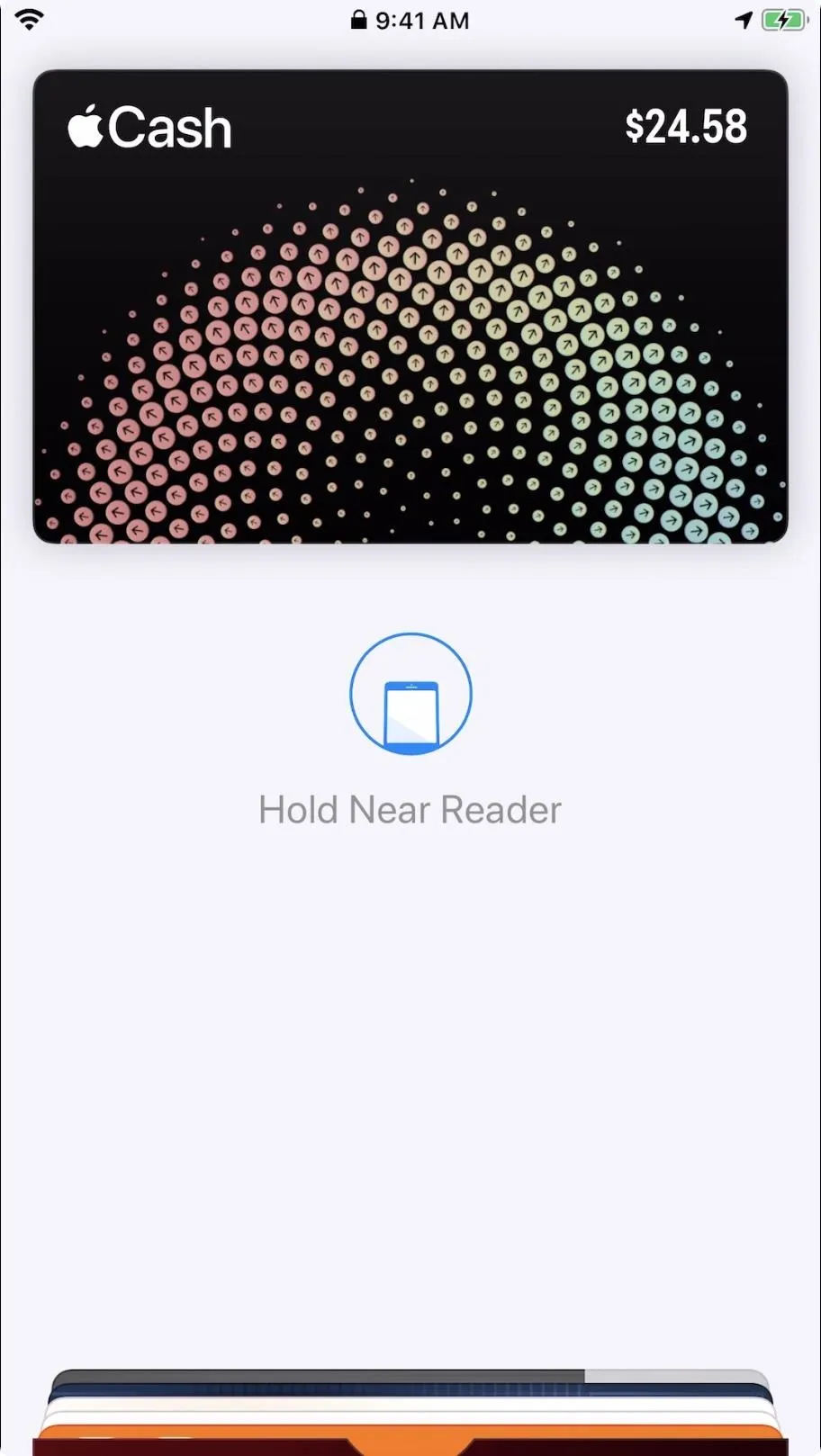 Apple Cash card interface on a mobile device displaying balance and instructions to hold near reader.