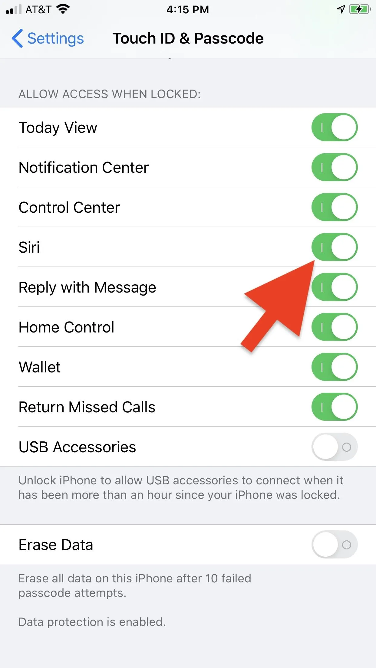 Settings menu on a mobile device showing various toggle options with one option highlighted.