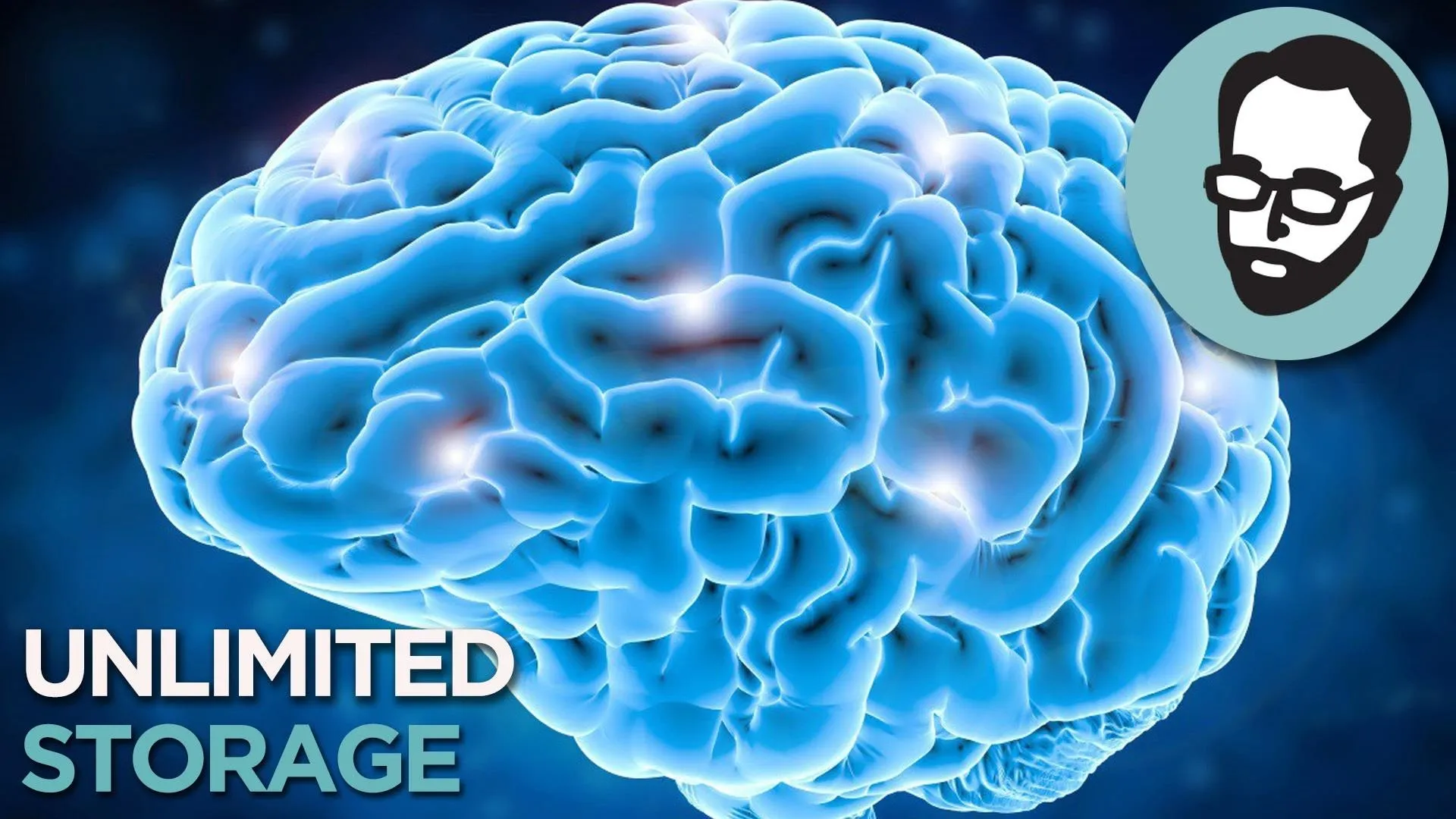 Brain illustration with the text "Unlimited Storage" and a graphic of a person.