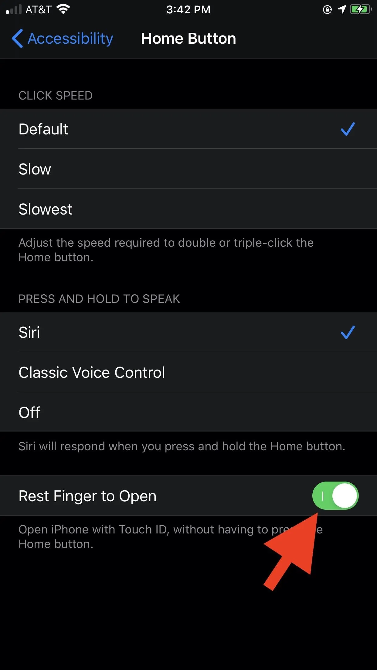 Settings menu with options for home button customization on a mobile device.