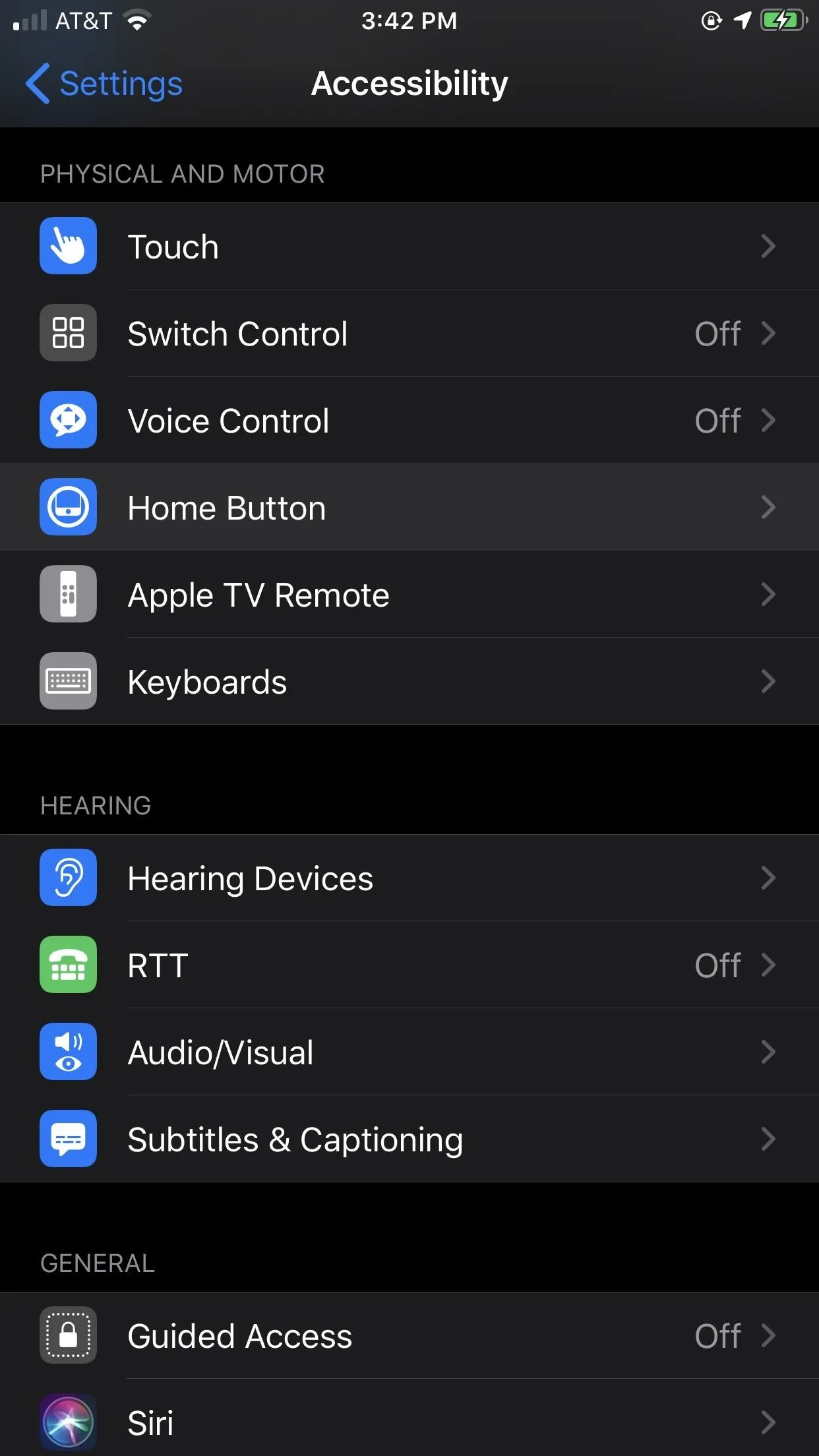 Settings menu on a mobile device showing accessibility options.