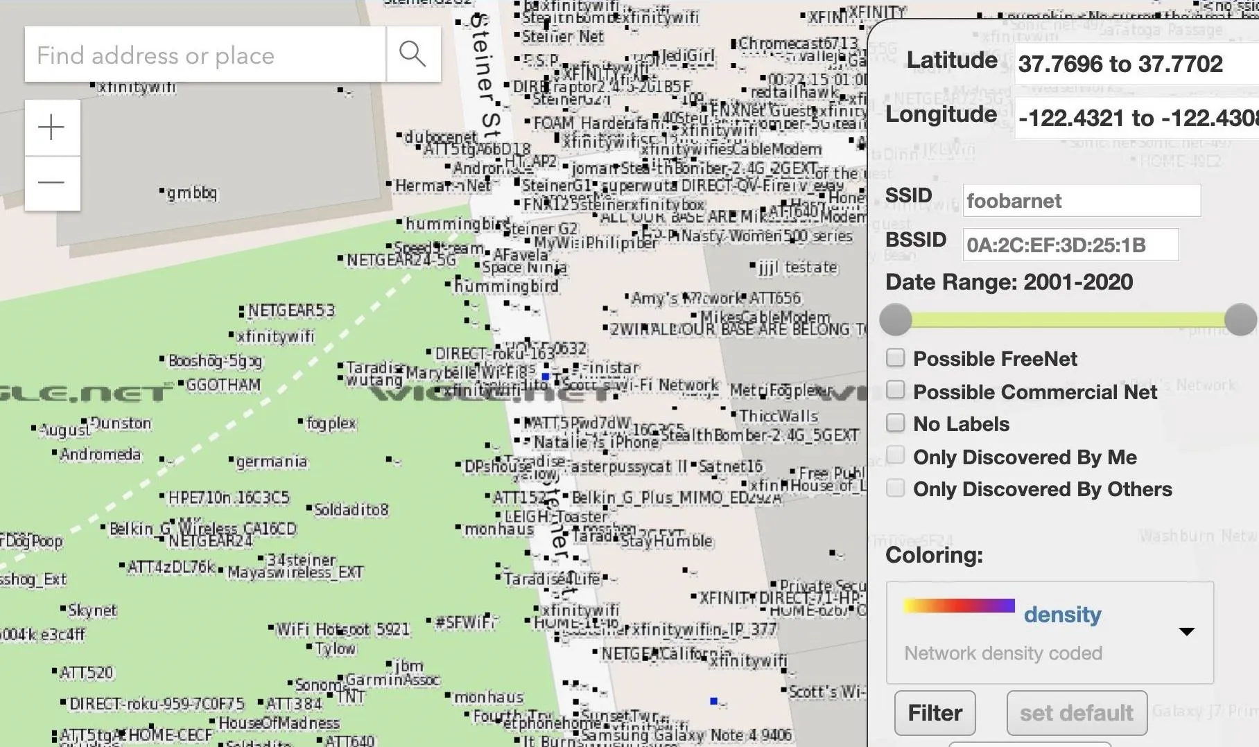 Map displaying geographic coordinates and features for a specific location.