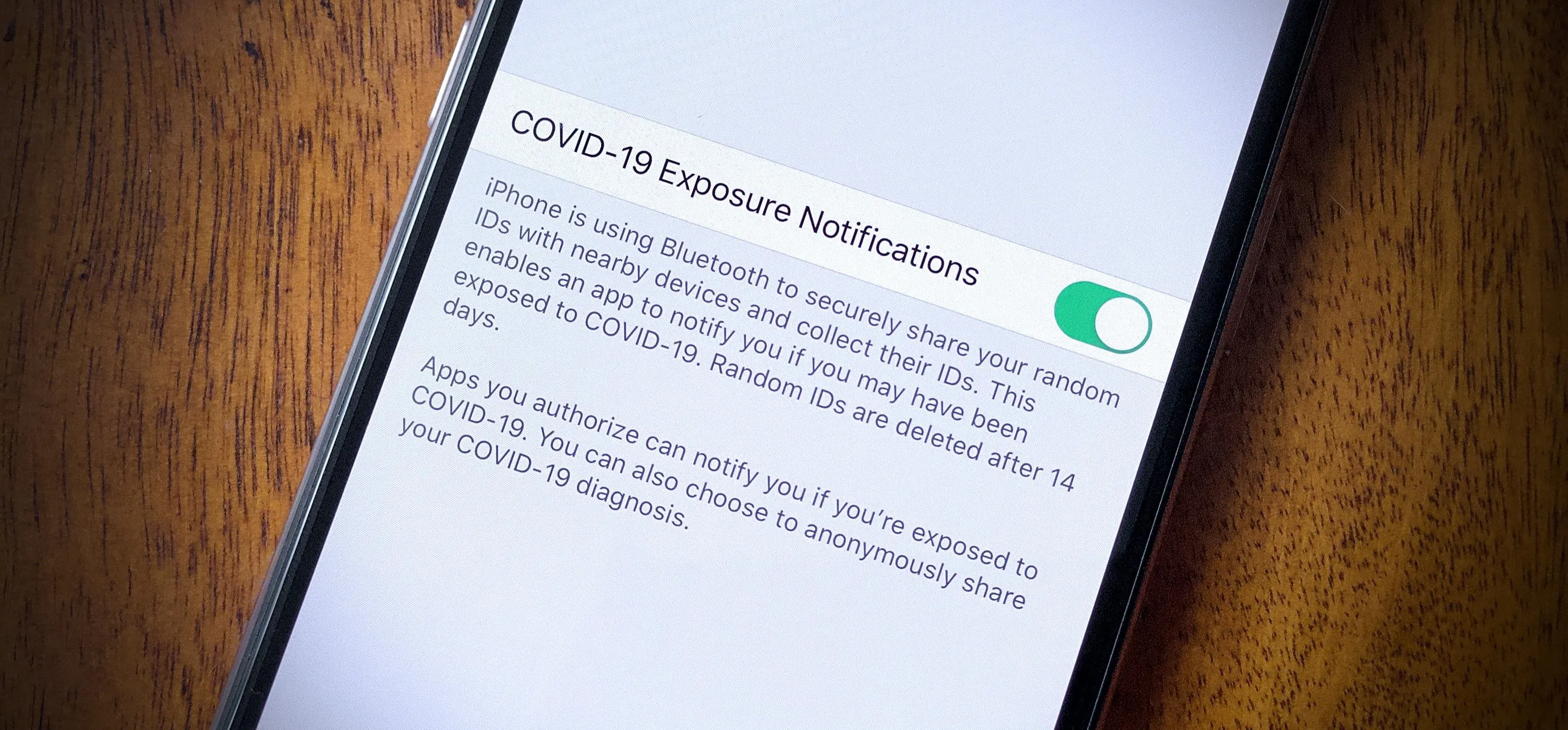 COVID-19 exposure notifications settings on a smartphone.