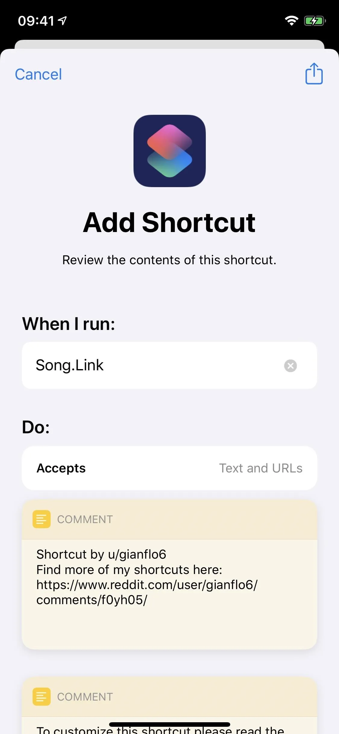 Add Shortcut screen on a mobile device showing options to set a location and summarize.