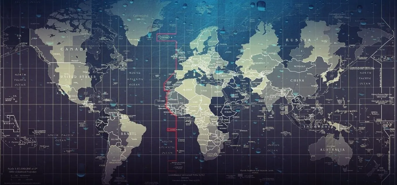 World map with a blue and gray color scheme, featuring grid lines and geographical outlines.