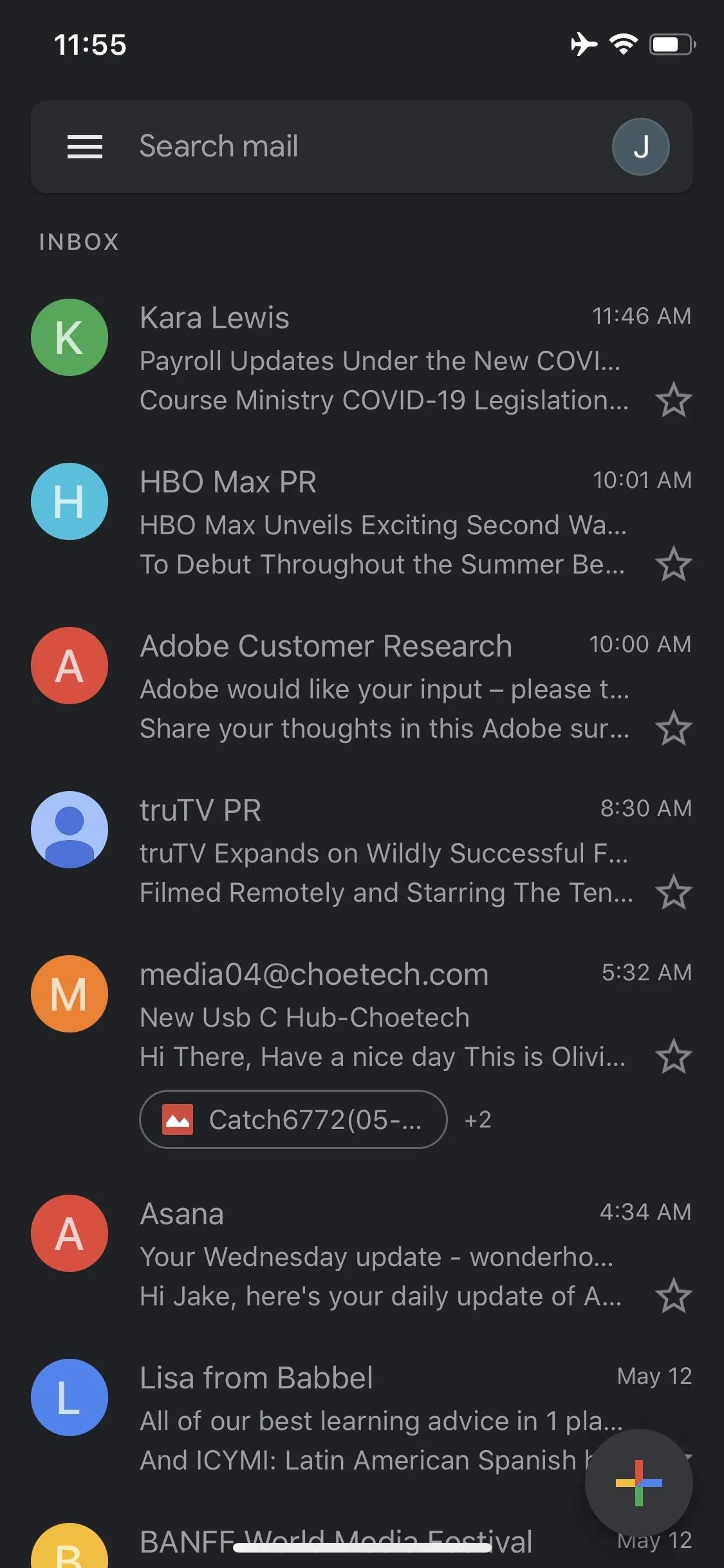 Screenshot of an email inbox with various email notifications and subject lines.