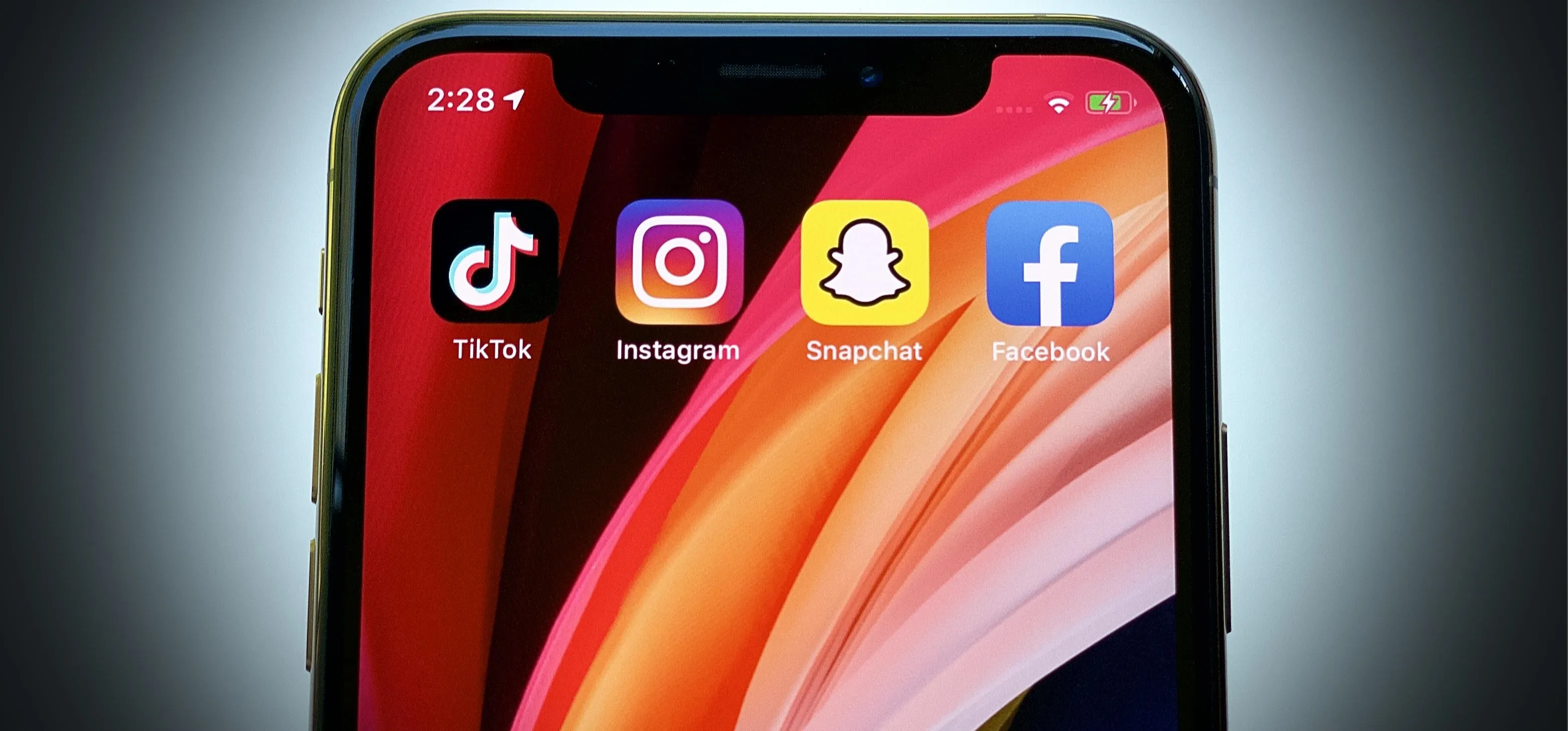 Smartphone screen displaying social media app icons: TikTok, Instagram, Snapchat, and Facebook.